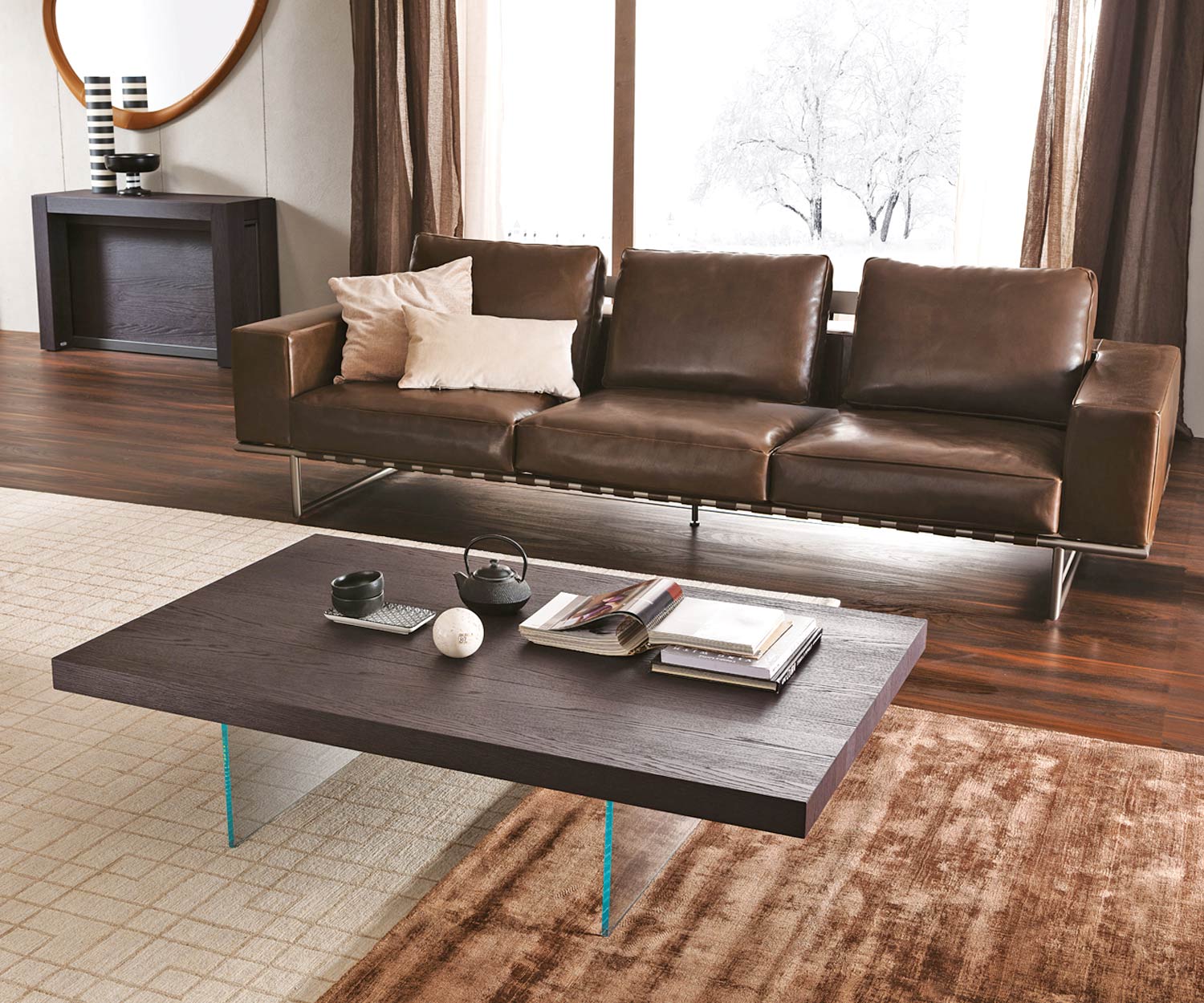 table basse design chêne brun pied en verre flottantAL2 table basse design chêne brun pied en verre flottantAL2