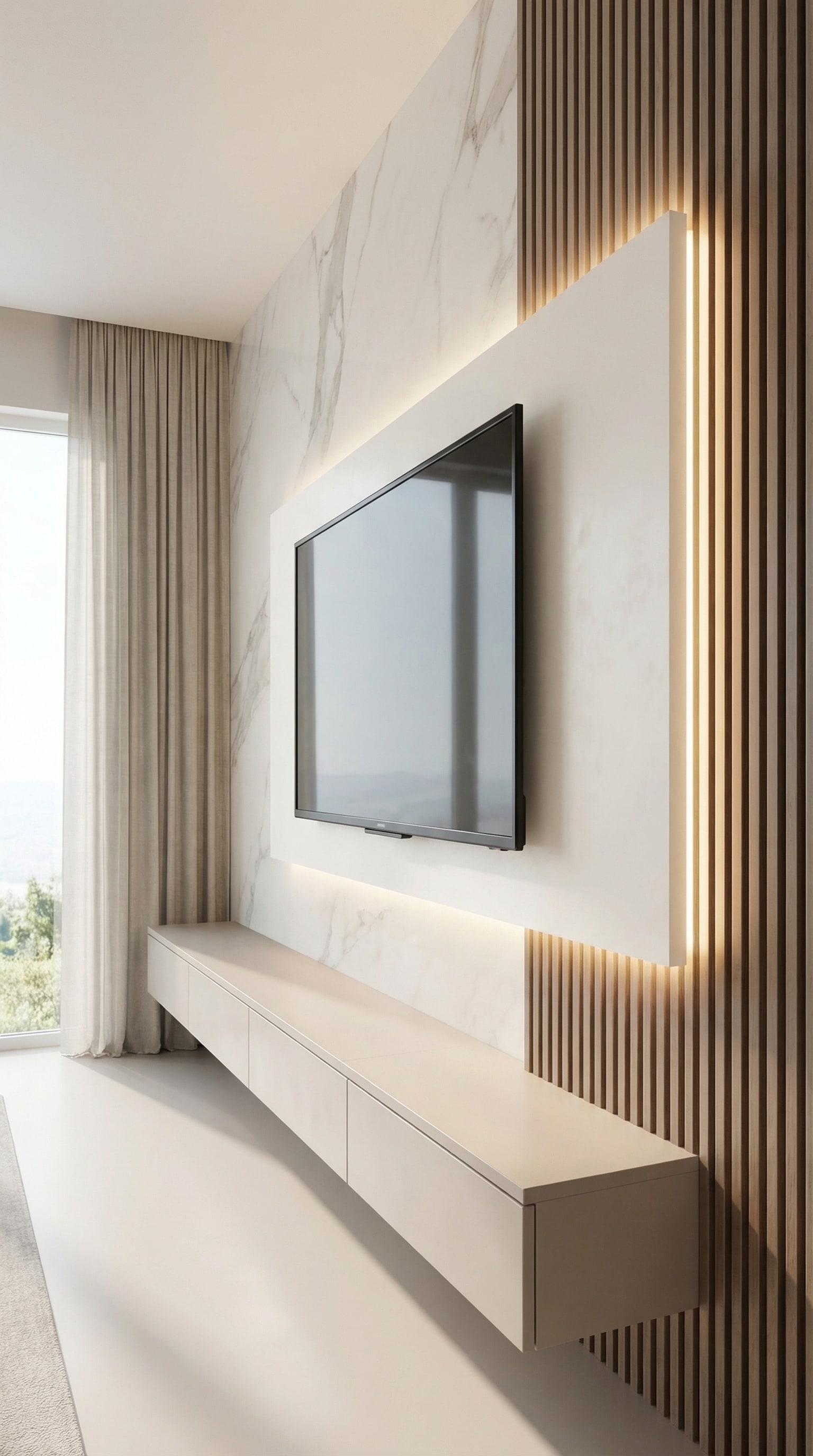 Un élégant panneau mural TV avec éclairage indirect Un élégant panneau mural TV avec éclairage indirect