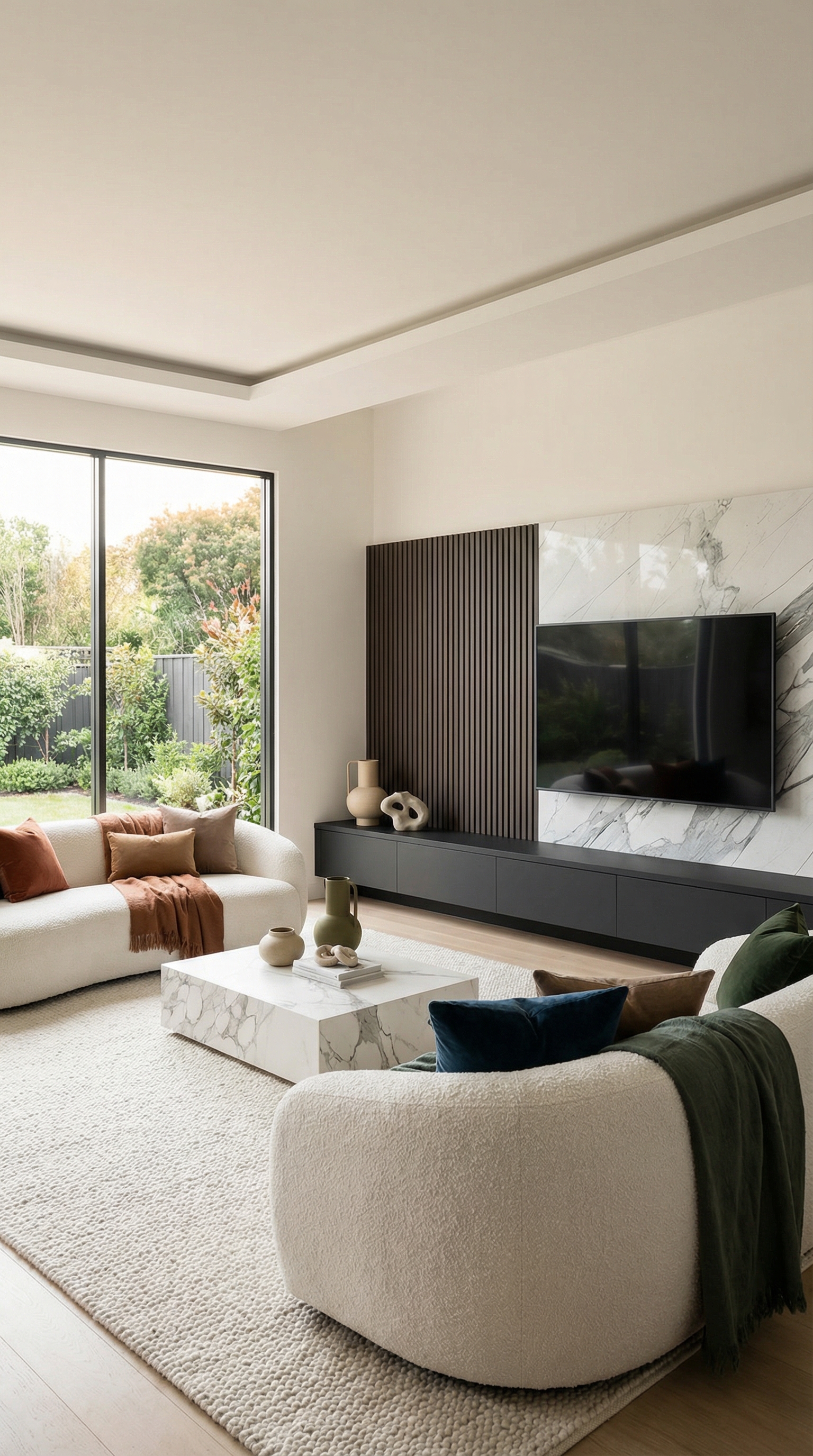 Meuble TV clair avec panneau en marbre dans un salon blanc minimaliste