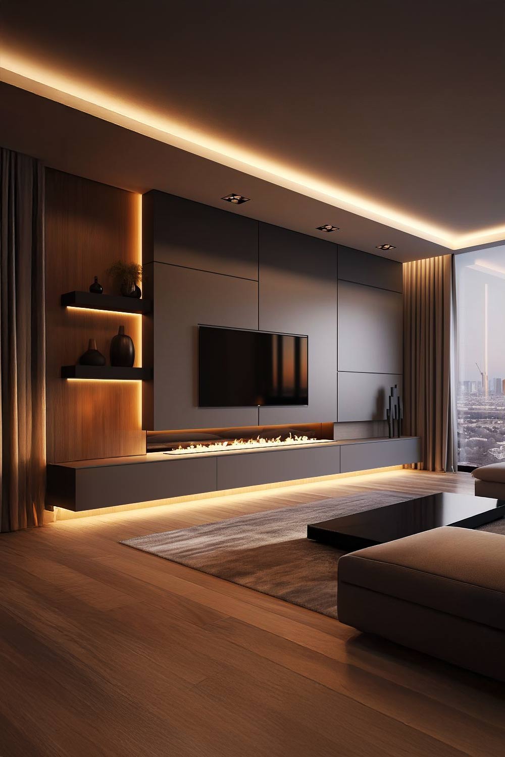 Salon avec éclairage indirect pour plus d'ambiance