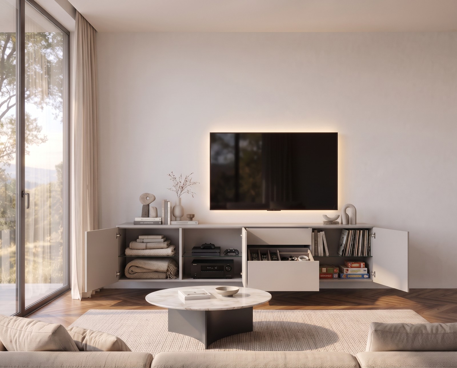 TV-Sideboard Spaziora B 240 cm in Hellgrau matt mit geöffneten Türen TV-Sideboard Spaziora B 240 cm in Hellgrau matt mit geöffneten Türen