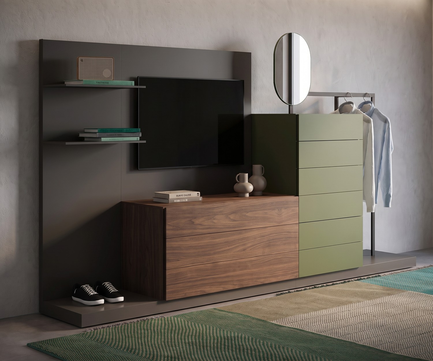 Commode avec dressing Novamobili Easy 9 et panneau TV dans une entrée. Rangement modulable en bois et vert olive moderne.