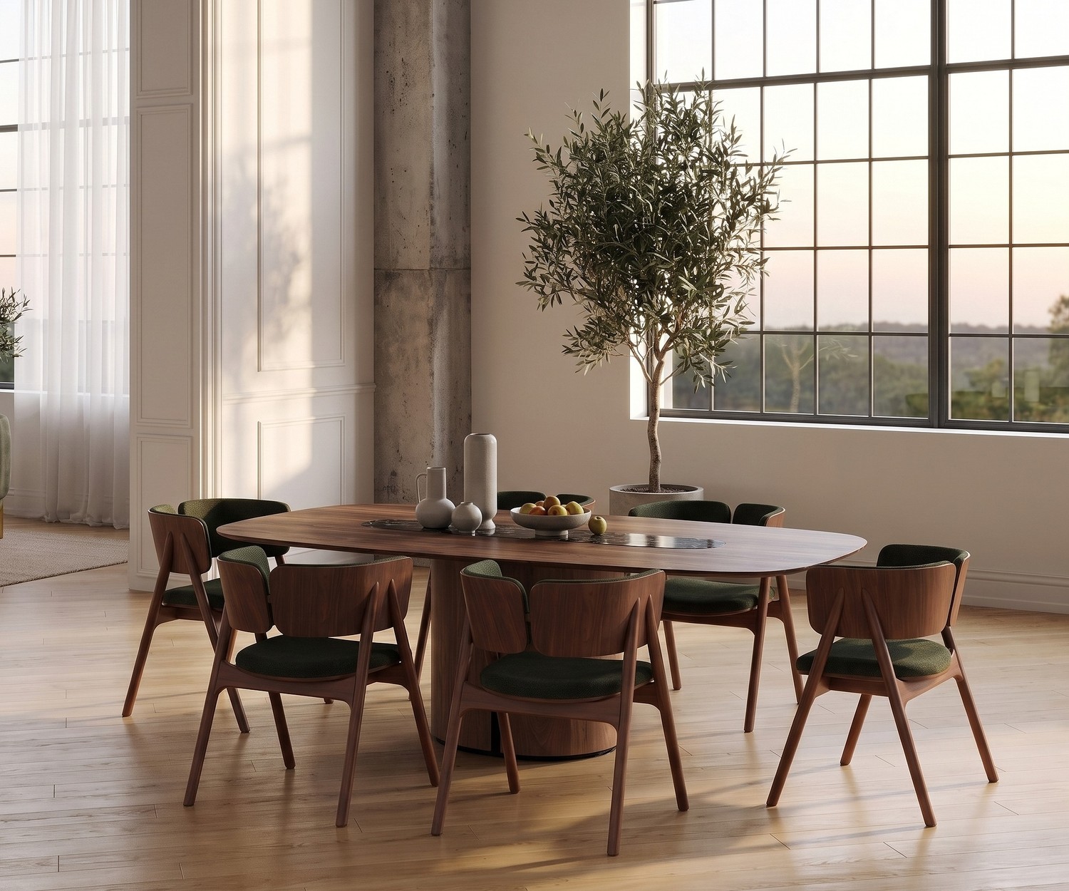 Table à manger design ovale al2 el-it c 001 avec piètement en bois Table à manger al2 el-it c 001 avec plateau en céramique sombre et piètement en bois dans une salle à manger moderne.