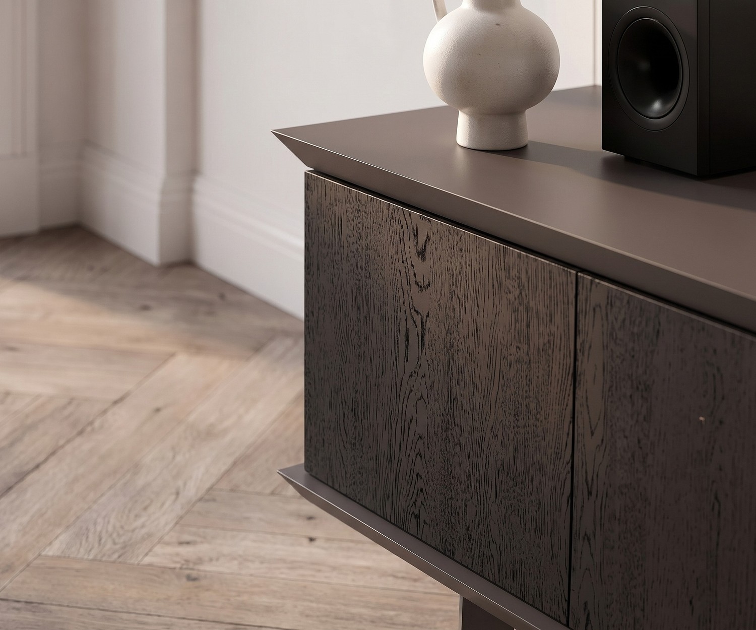 Meuble TV Lowboard Ozzio Brera Chêne Noir Meuble TV lowboard Ozzio Brera en chêne noir dans un salon moderne. Buffet design italien aux finitions élégantes.