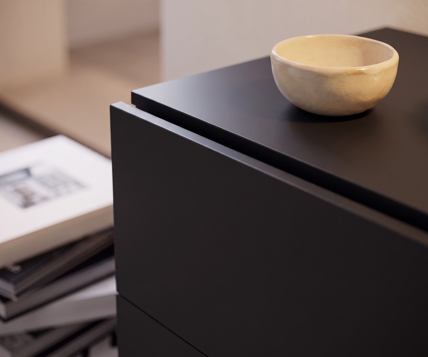 Détail commode suspendue Novamobili Easy Commode suspendue pour chambre Novamobili Easy en gris foncé mat, vue rapprochée avec coupelle décorative design.