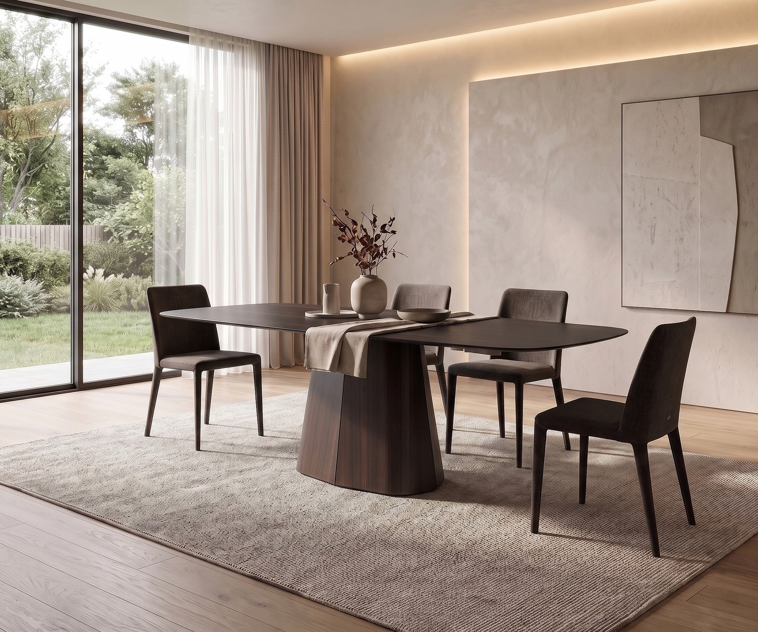 Table à manger al2 tessera 001 pour repas élégants, table ovale design en bois foncé dans une salle à manger.