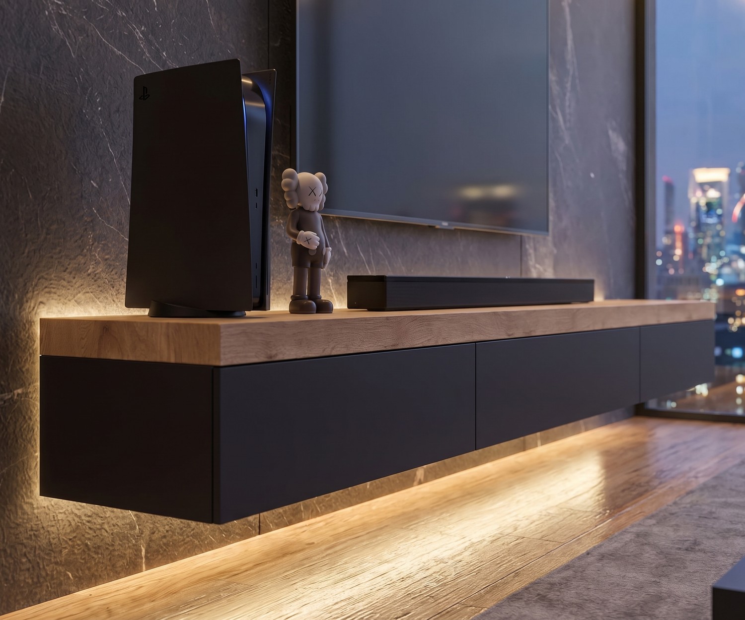 Meuble bas suspendu Livitalia avec plateau en bois Meuble bas salon : Lowboard suspendu Livitalia avec plateau en bois épais et façade sombre dans un salon de jeu moderne.