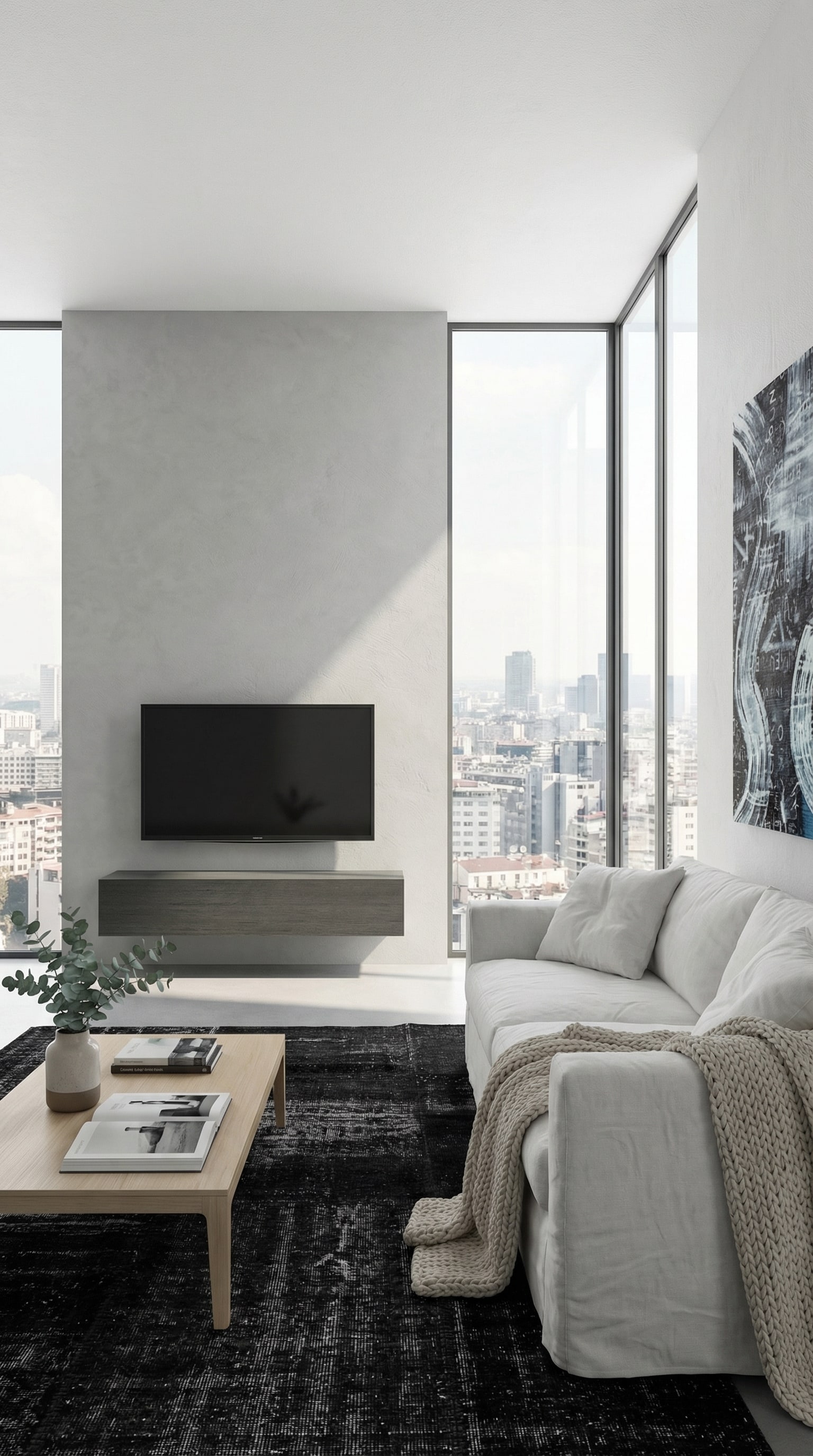 Meuble bas en bois compact et suspendu en gris dans un petit salon urbain confortable.