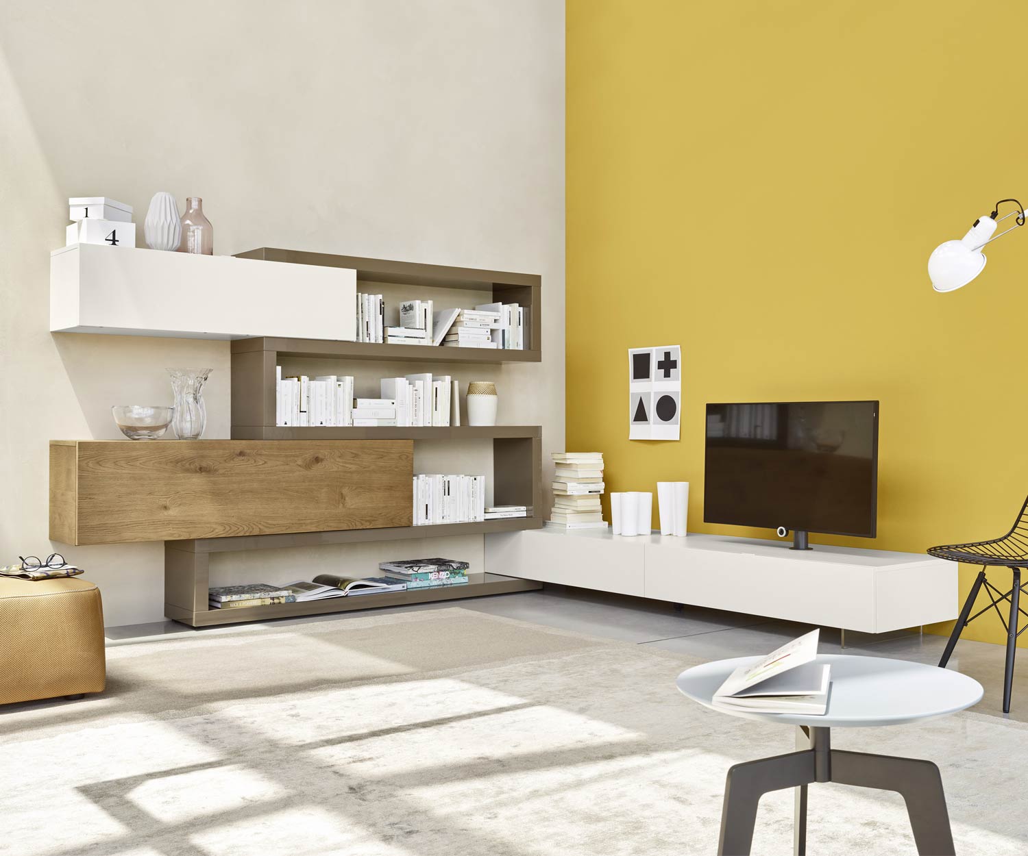 Exclusif Livitalia Elément d'angle design C29A avec buffet bas design en beige mat laqué Exclusif Livitalia Elément d'angle design C29A avec buffet bas design en beige mat laqué