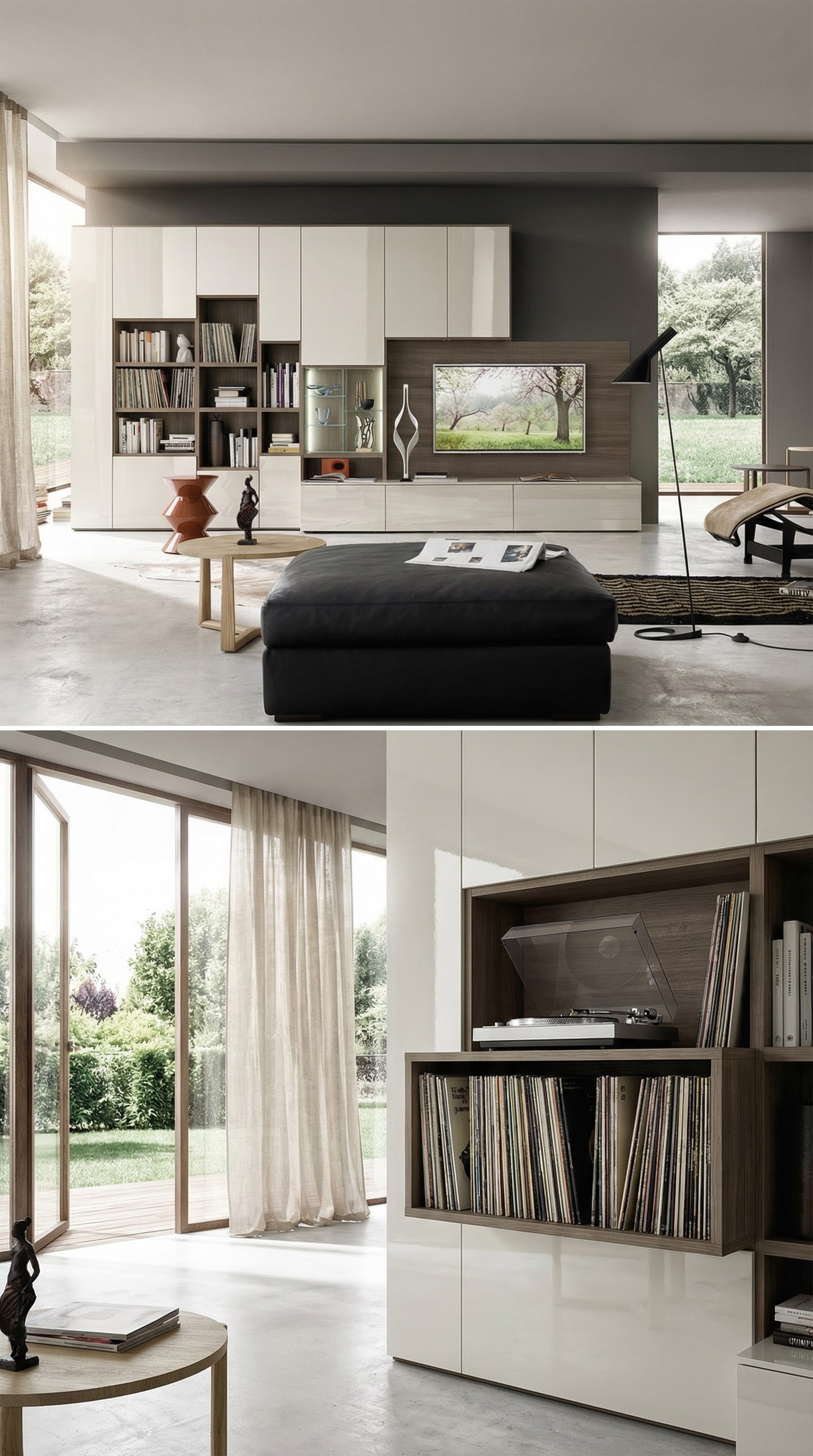 Meuble TV moderne avec platine intégrée et rangement pour disques vinyles Meuble TV moderne avec platine intégrée et rangement pour disques vinyles