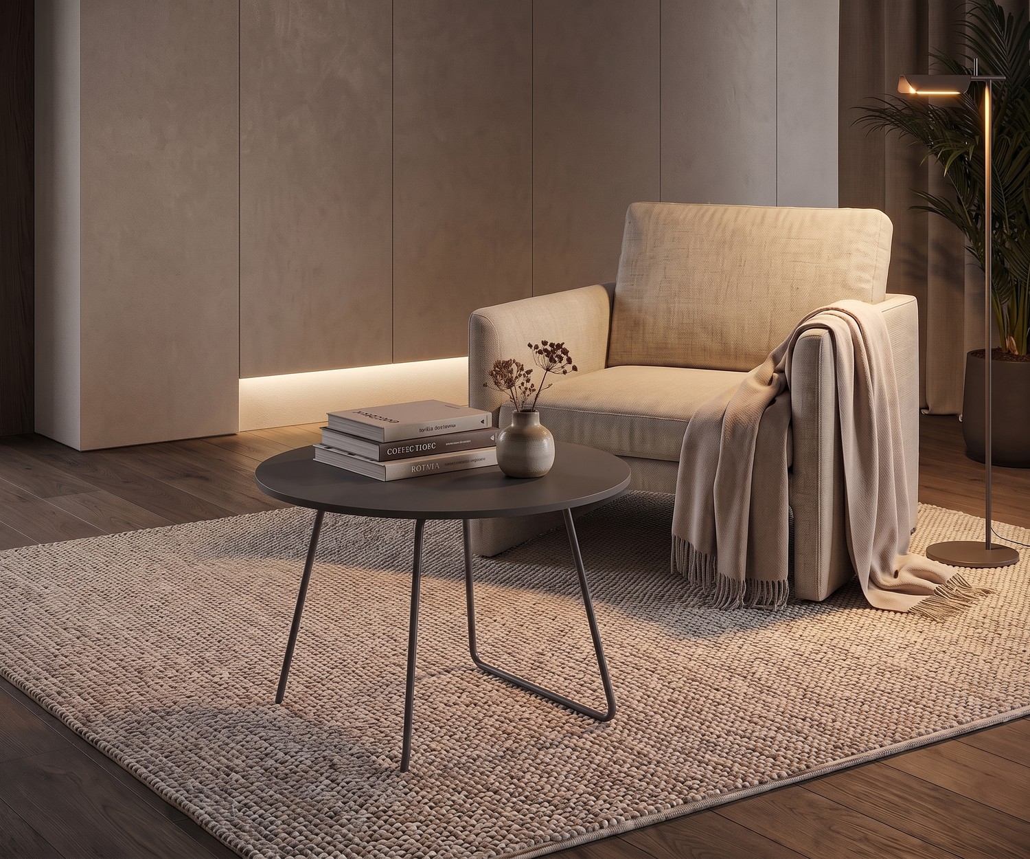 Table basse ronde Novamobili Orbis Table basse Novamobili Orbis comme table d'appoint de salon près d'un fauteuil, table ronde dans un design moderne
