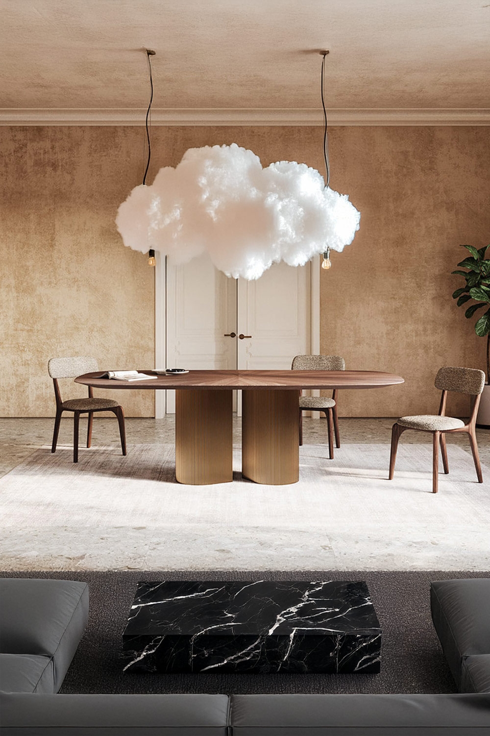 salon avec table à manger positionnée au centre au design inhabituel et chaises en bois classiques