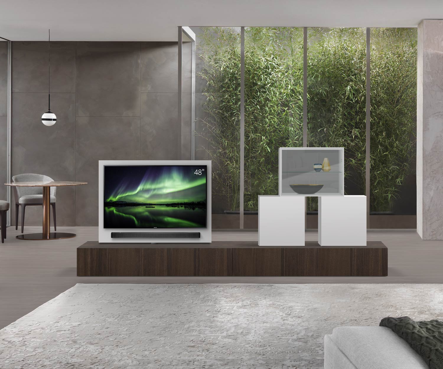 Livitalia Roto Design Lowboard Séparation de pièce avec panneau TV pivotant L150 50 H33 P56 EiBr B150re mBox