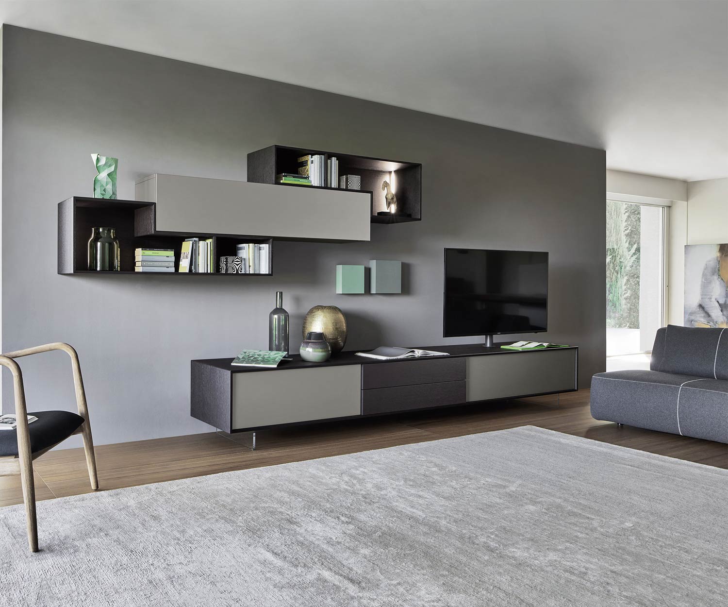 Exclusif Livitalia Meuble-paroi design C18 en gris avec aspect bois TV design Lowboard Exclusif Livitalia Meuble-paroi design C18 en gris avec aspect bois TV design Lowboard