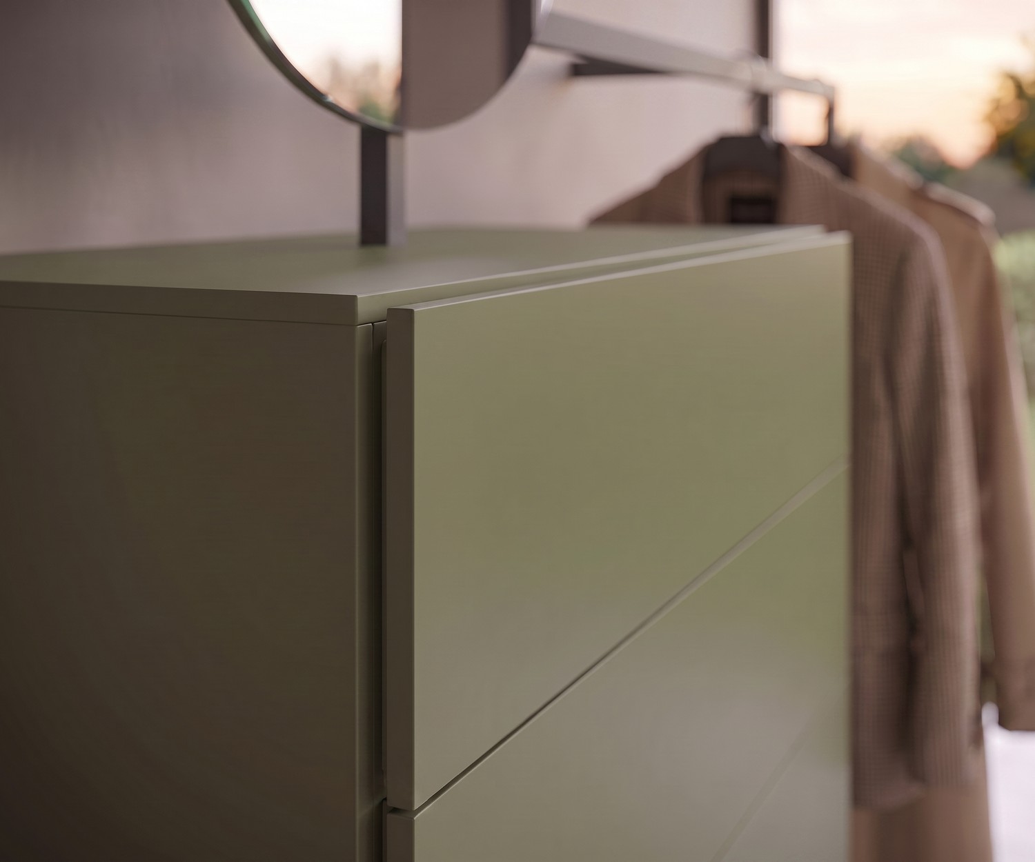 Commode moderne Novamobili Easy 9 vert olive Commode Novamobili Easy 9 pour entrée et chambre, vestiaire moderne vert olive avec tiroirs et tringle à vêtements.