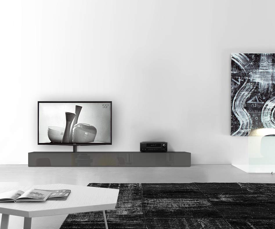 Table basse design Configurateur avec support TV au sol Largeur 270 25,5 45 gauche brillant gris foncé Table basse design Configurateur avec support TV au sol Largeur 270 25,5 45 gauche brillant gris foncé