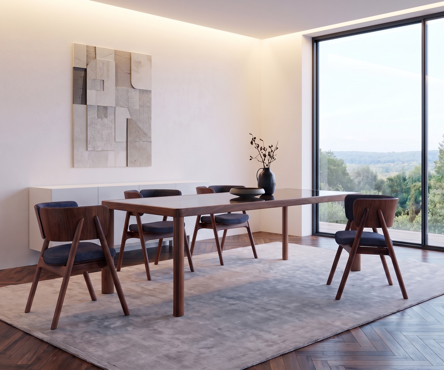 Table de repas design en bois al2 ka-bera 001 b Table de repas al2 ka-bera 001 b dans une salle à manger moderne. Table élégante en bois foncé avec chaises assorties.