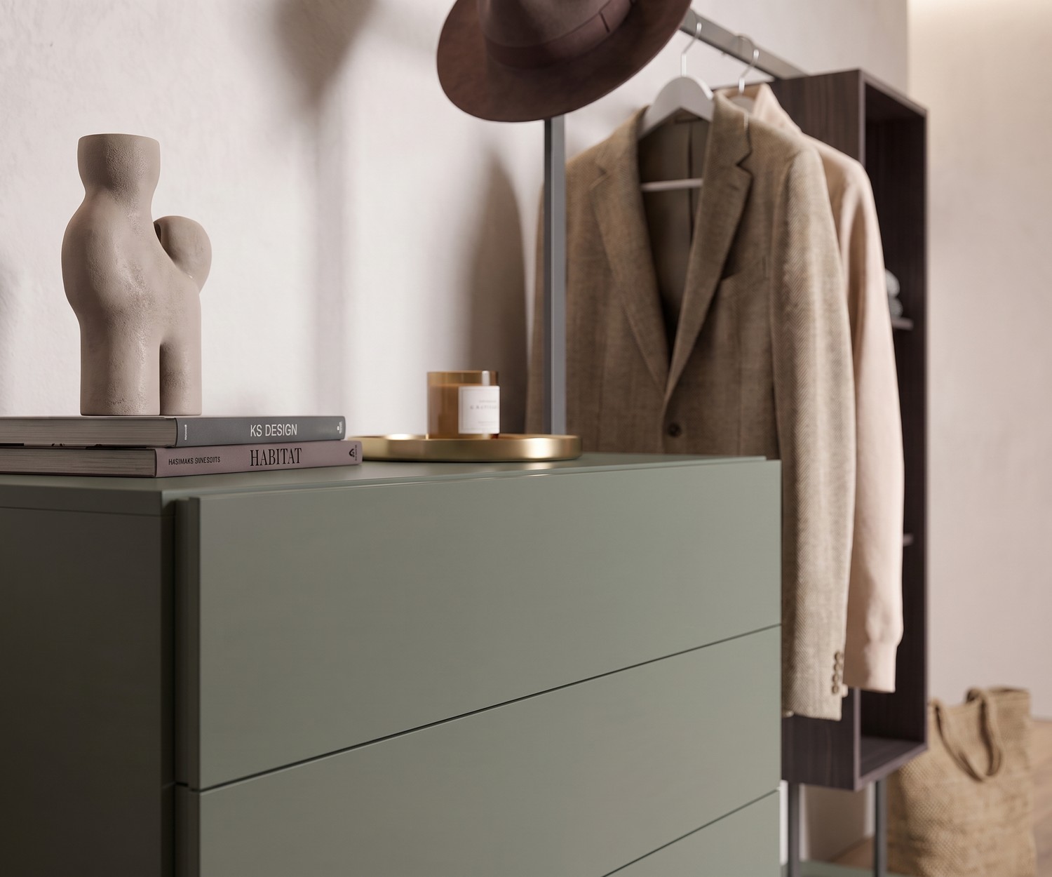 Commode avec penderie intégrée Easy 4 Novamobili Commode d'entrée avec penderie intégrée Easy 4, meuble vestiaire vert sauge design avec tiroirs et tringle à vêtements
