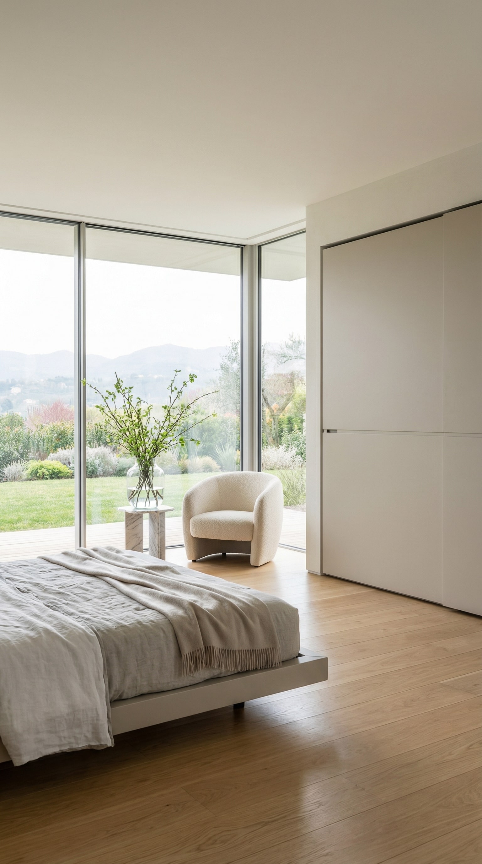 Chambre minimaliste avec l'armoire Novamobili Middle &agrave; portes coulissantes, dont la fa&ccedil;ade lisse cr&eacute;e une atmosph&egrave;re sereine dans la pi&egrave;ce.