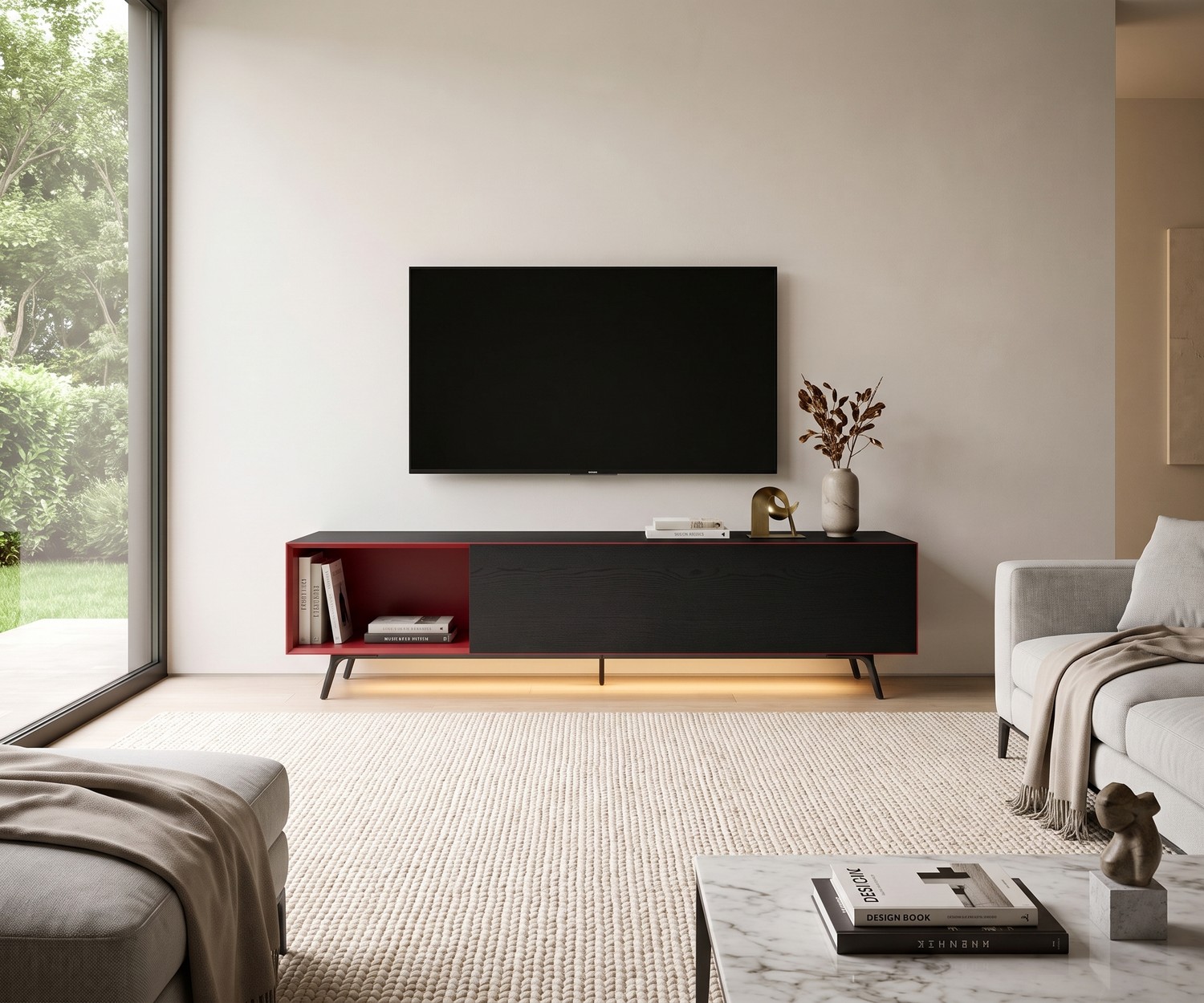 Meuble TV Lowboard Livitalia Minimal avec niche rouge Meuble TV Lowboard Livitalia Minimal pour le salon. Corps noir, niche ouverte rouge et éclairage LED sous le meuble.