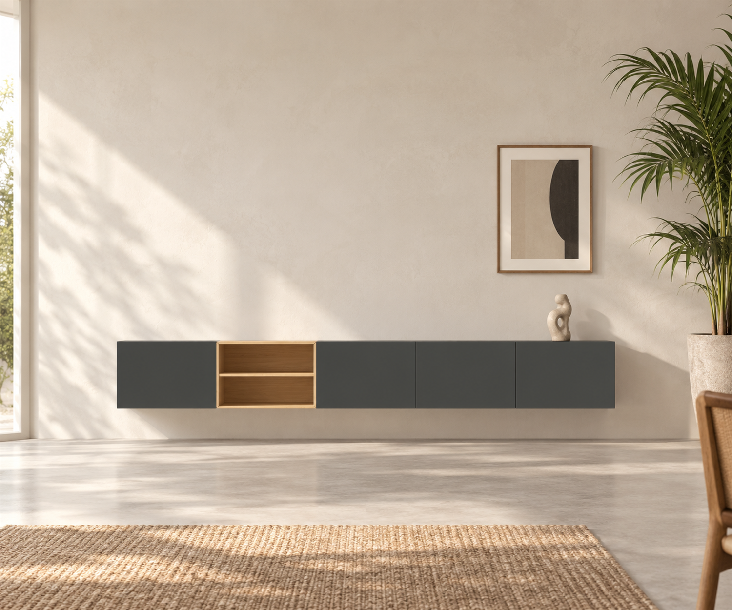 Livitalia Box 18 Buffet suspendu 300 cm – Gris foncé mat + Chêne clair