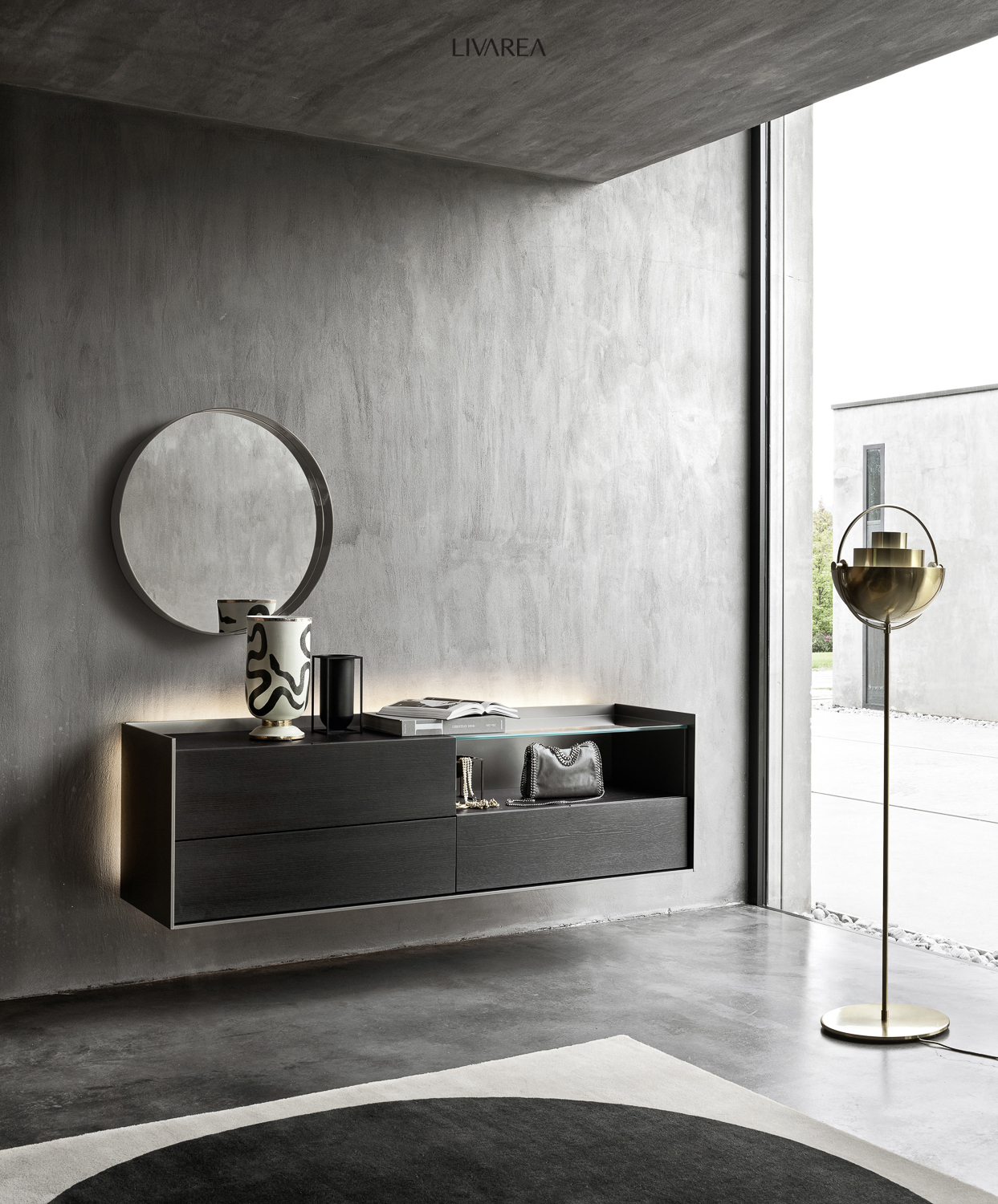 Couloir Tiroirs Armoire murale Façade en chêne plaqué Compartiment ouvert Couloir Tiroirs Armoire murale Façade en chêne plaqué Compartiment ouvert