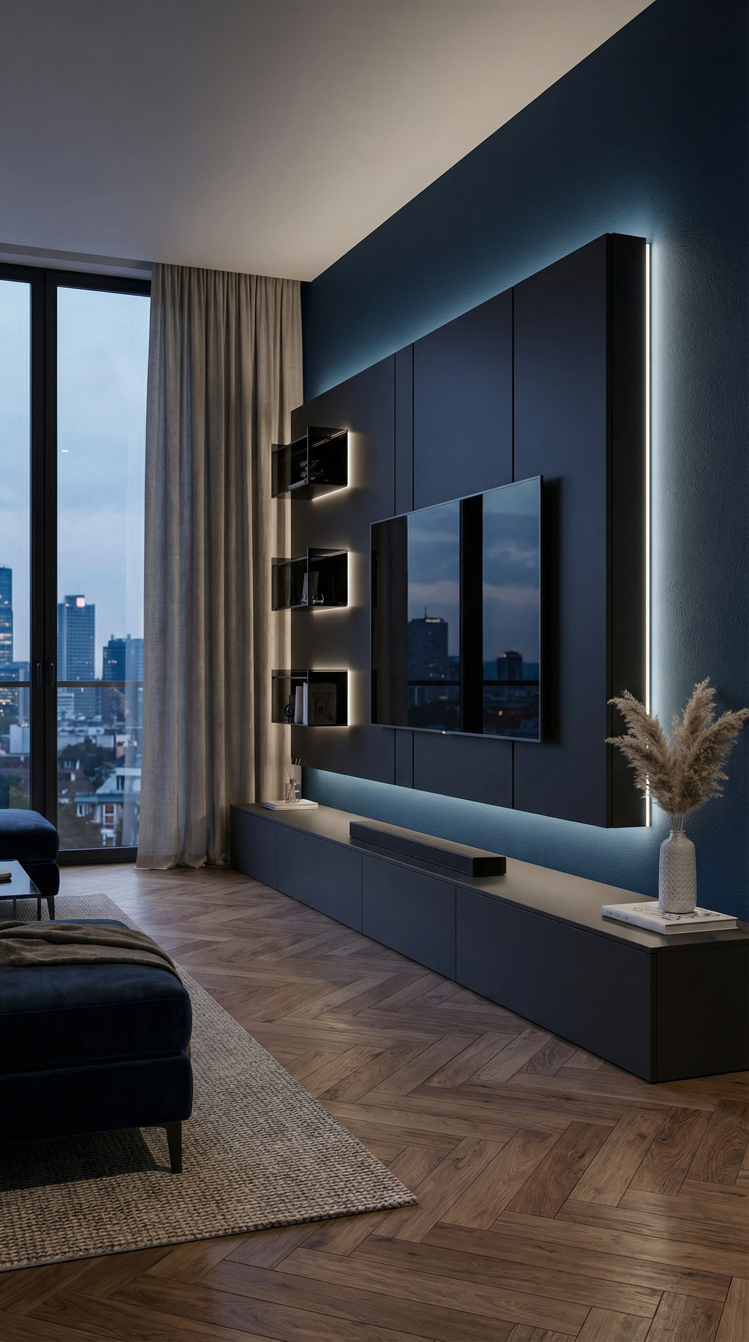 Meuble TV design fonc&eacute; devant un mur bleu profond Deep Ocean