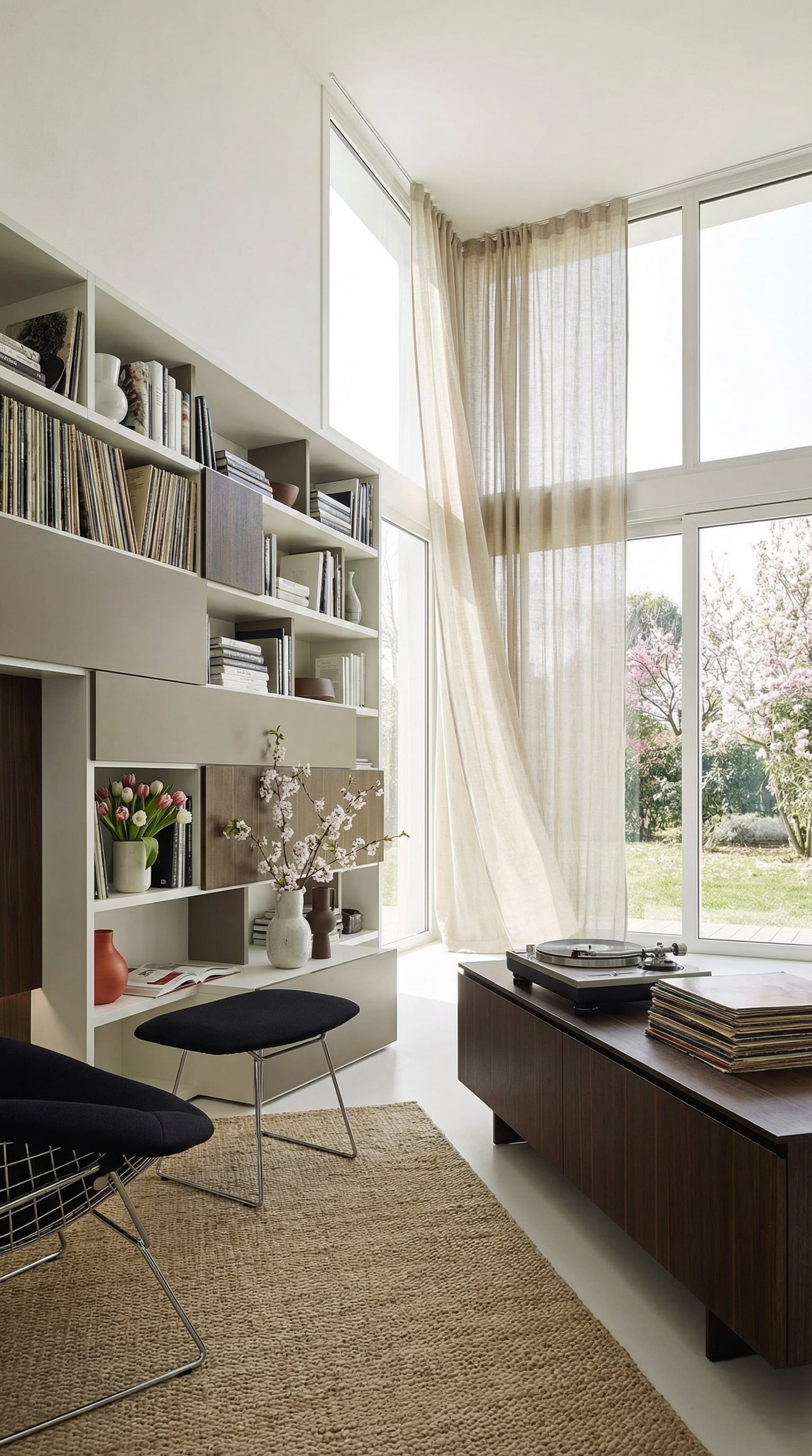 Étagère moderne avec disques vinyles et décoration printanière dans un salon lumineux Étagère moderne avec disques vinyles et décoration printanière dans un salon lumineux