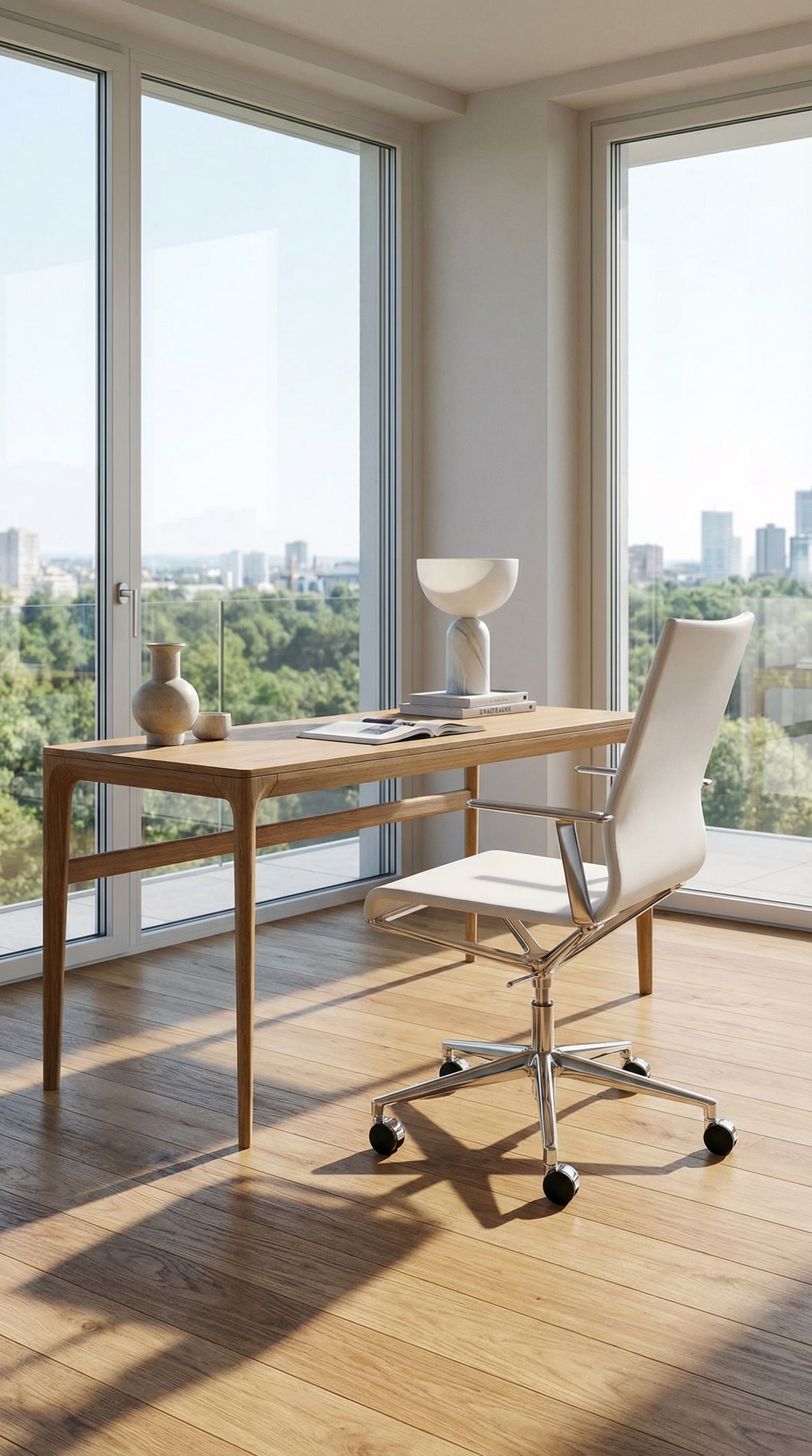 Le fauteuil de bureau filigrane ICF Stick ETK dans un espace de bureau &agrave; domicile am&eacute;nag&eacute; de mani&egrave;re minimaliste avec parquet en ch&ecirc;ne