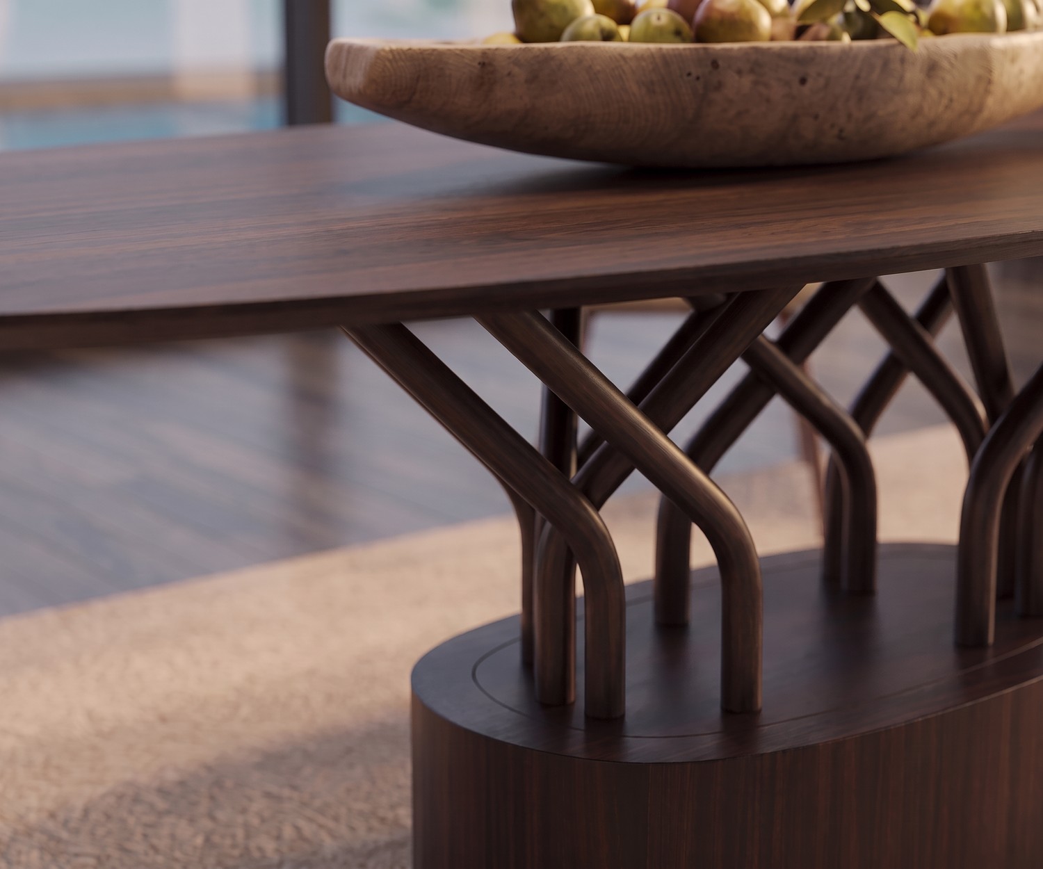 Table à manger ovale design al2 wood-oo Table à manger ovale al2 wood-oo en bois dans une salle à manger moderne avec chaises en velours gris.