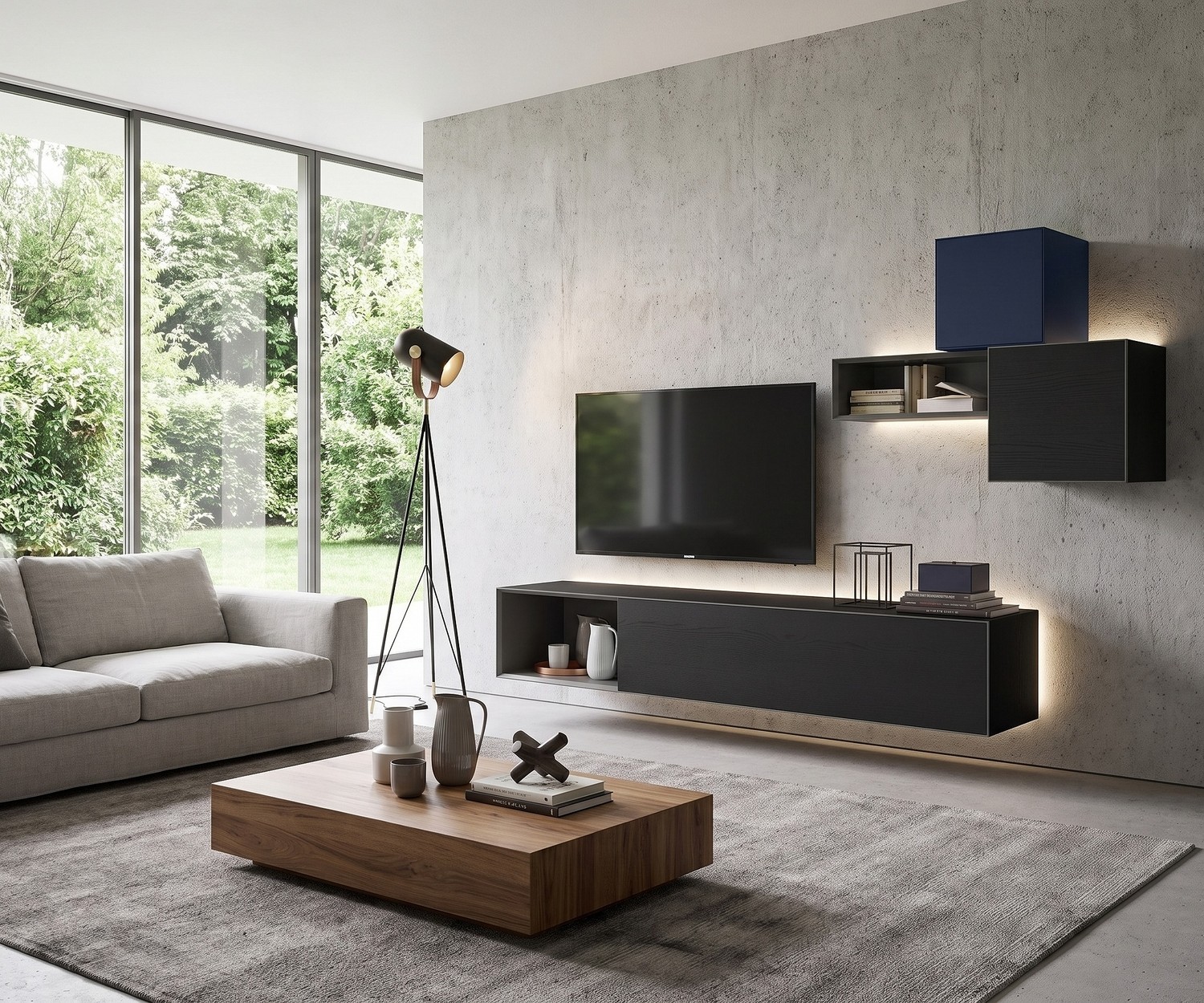 Meuble TV bas suspendu Livitalia Minimal en chêne foncé avec éclairage LED pour un salon moderne au style épuré.