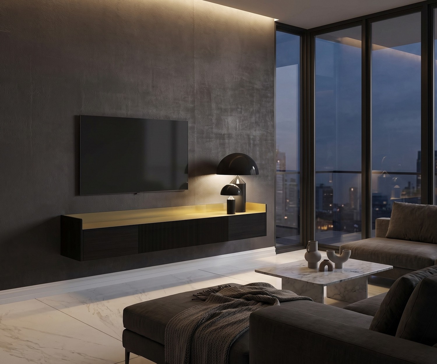 Meuble TV suspendu Punt Stockholm Slim en bois avec plateau dore dans un salon moderne design.