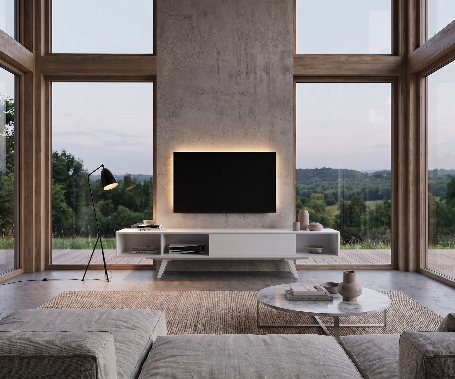 Meuble TV bas moderne blanc e-klipse 005 Meuble TV bas e-klipse 005 pour le salon. Banc TV design blanc moderne sous une télévision dans un intérieur épuré.