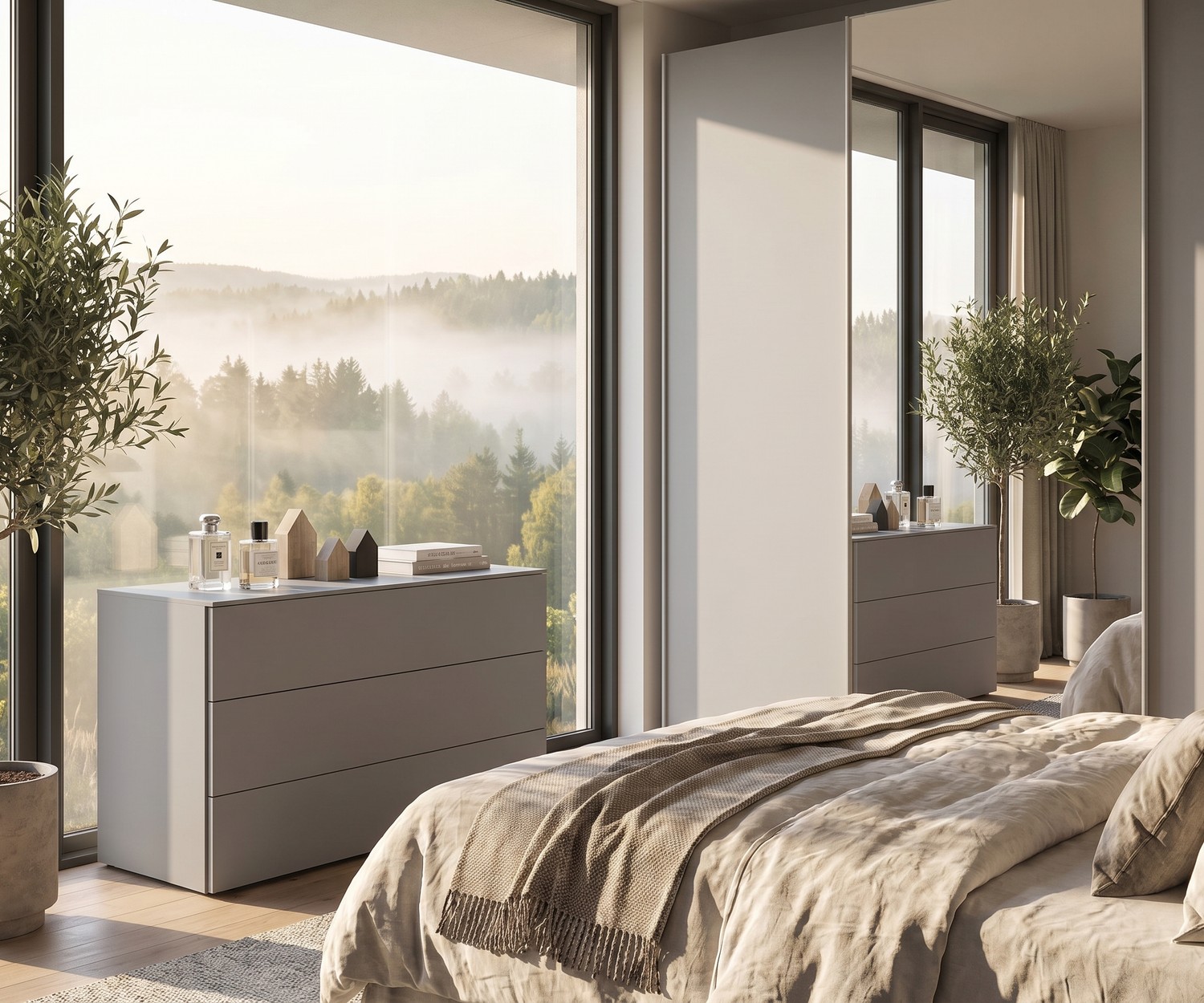 Commode Livitalia Atena dans une chambre, commode design moderne en gris installée à côté d'une baie vitrée.