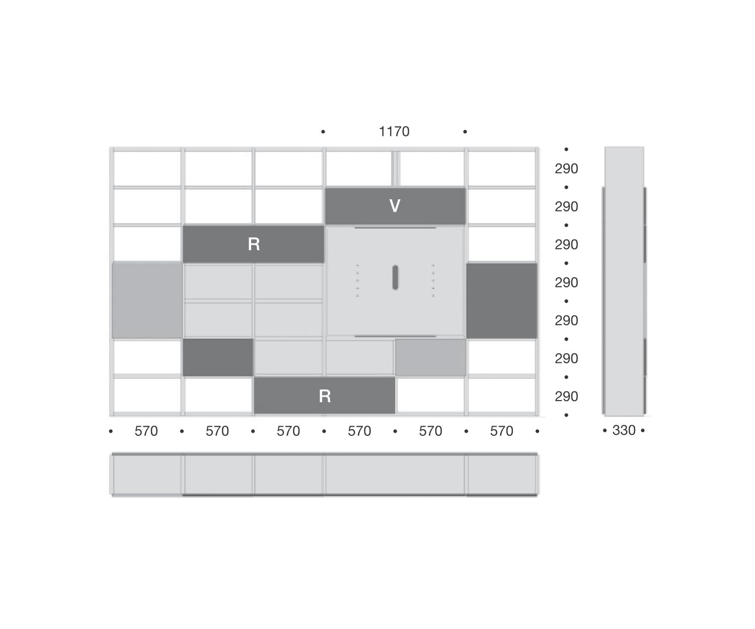 Étagère haut de gamme C90 avec panneau TV pivotant Dimensions Esquisse Tailles Étagère haut de gamme C90 avec panneau TV pivotant Dimensions Esquisse Tailles