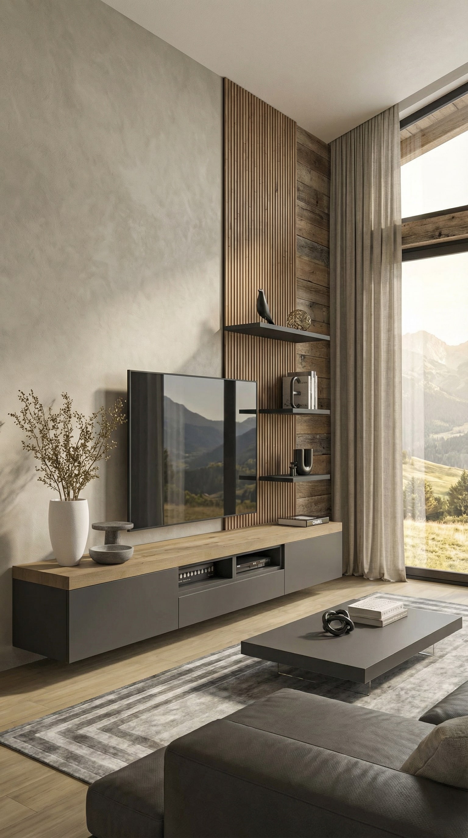 Lowboard moderne laqu&eacute; mat avec un plateau en bois noble dans un style chalet luxueux