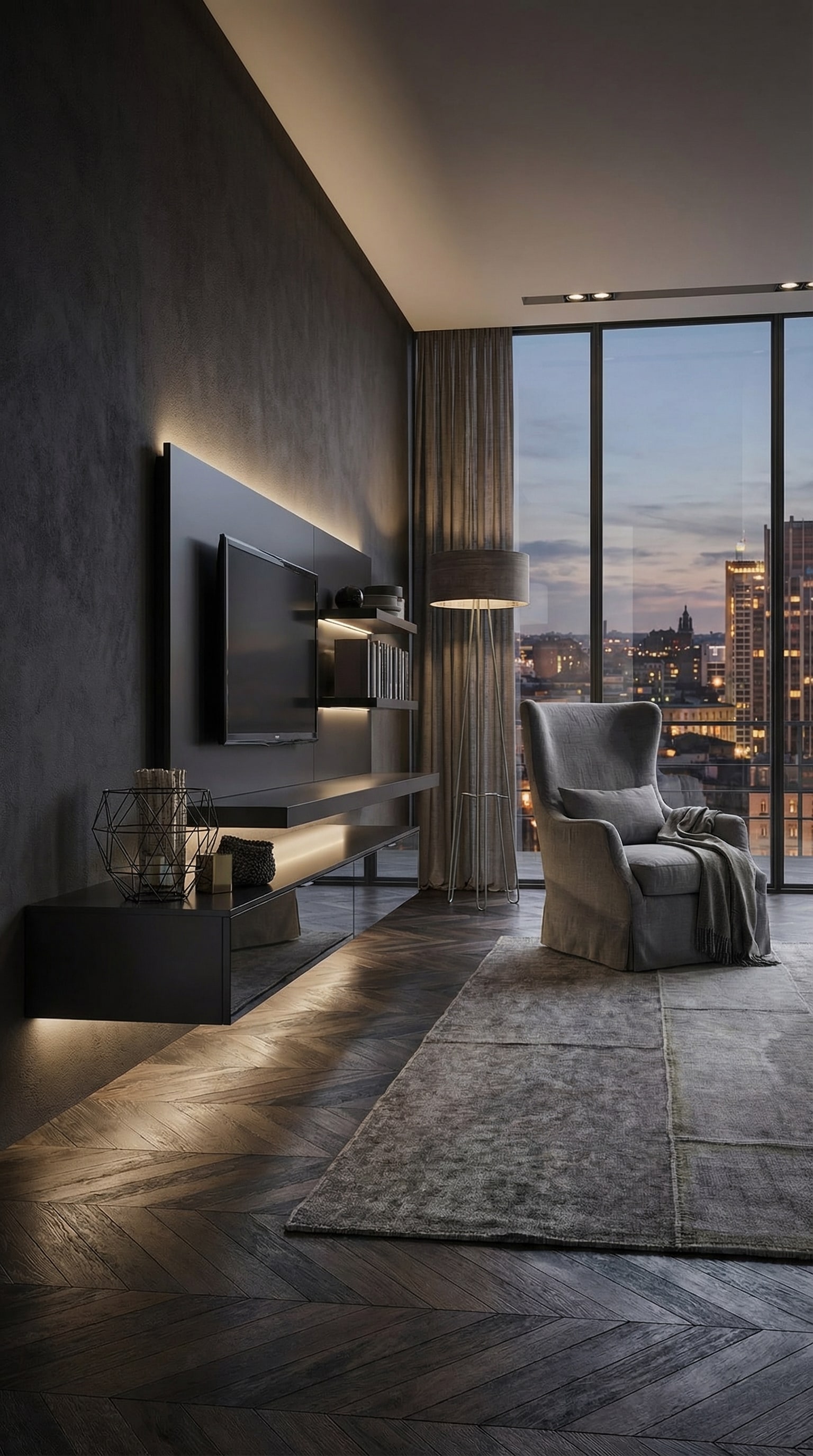 Livitalia Wohnwand C54 au design luxe sombre avec des surfaces noires miroitantes et mates Livitalia Wohnwand C54 au design luxe sombre avec des surfaces noires miroitantes et mates
