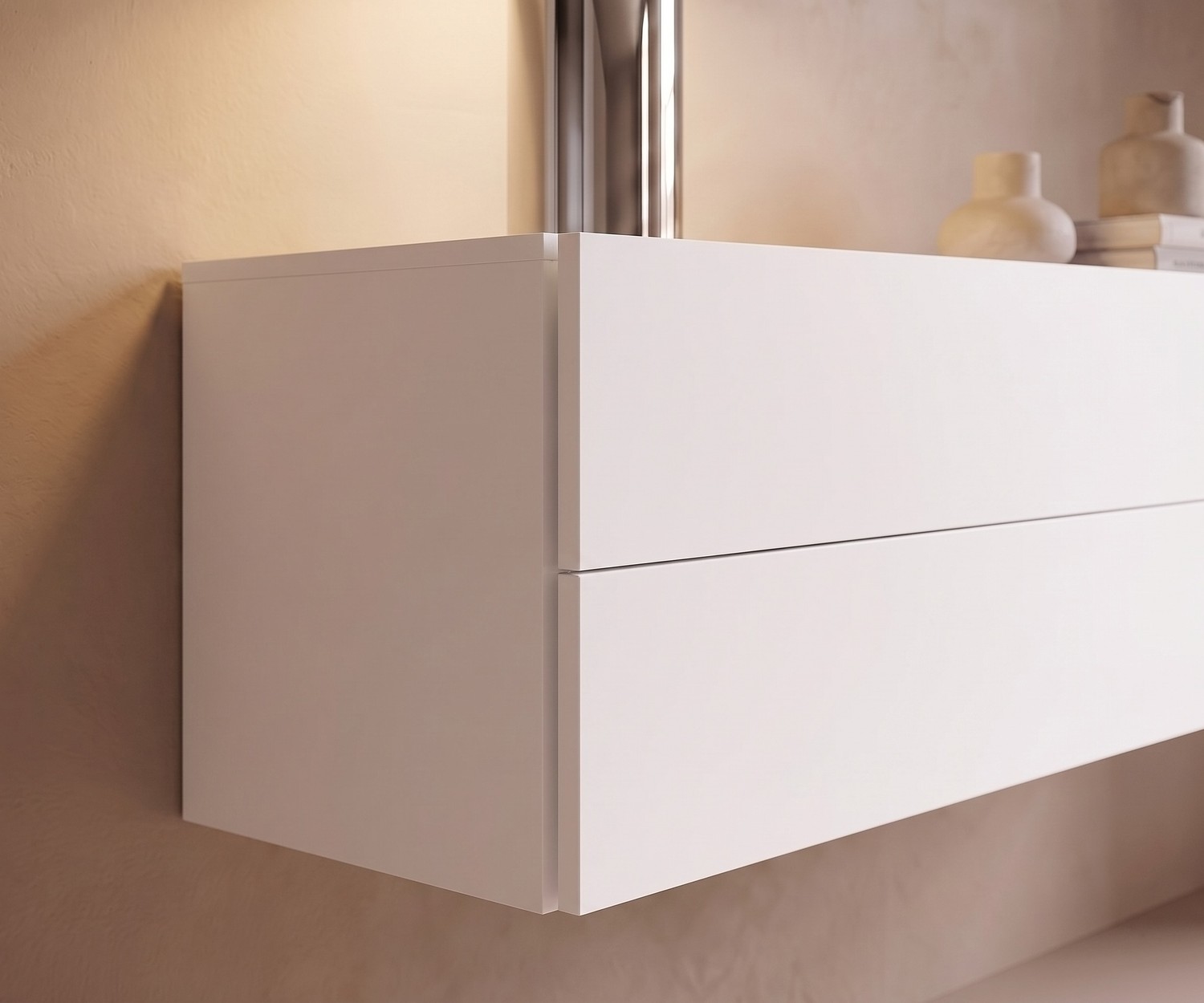 Commode suspendue Easy de Novamobili pour chambre, chevet suspendu blanc mat avec tiroirs au style moderne épuré.