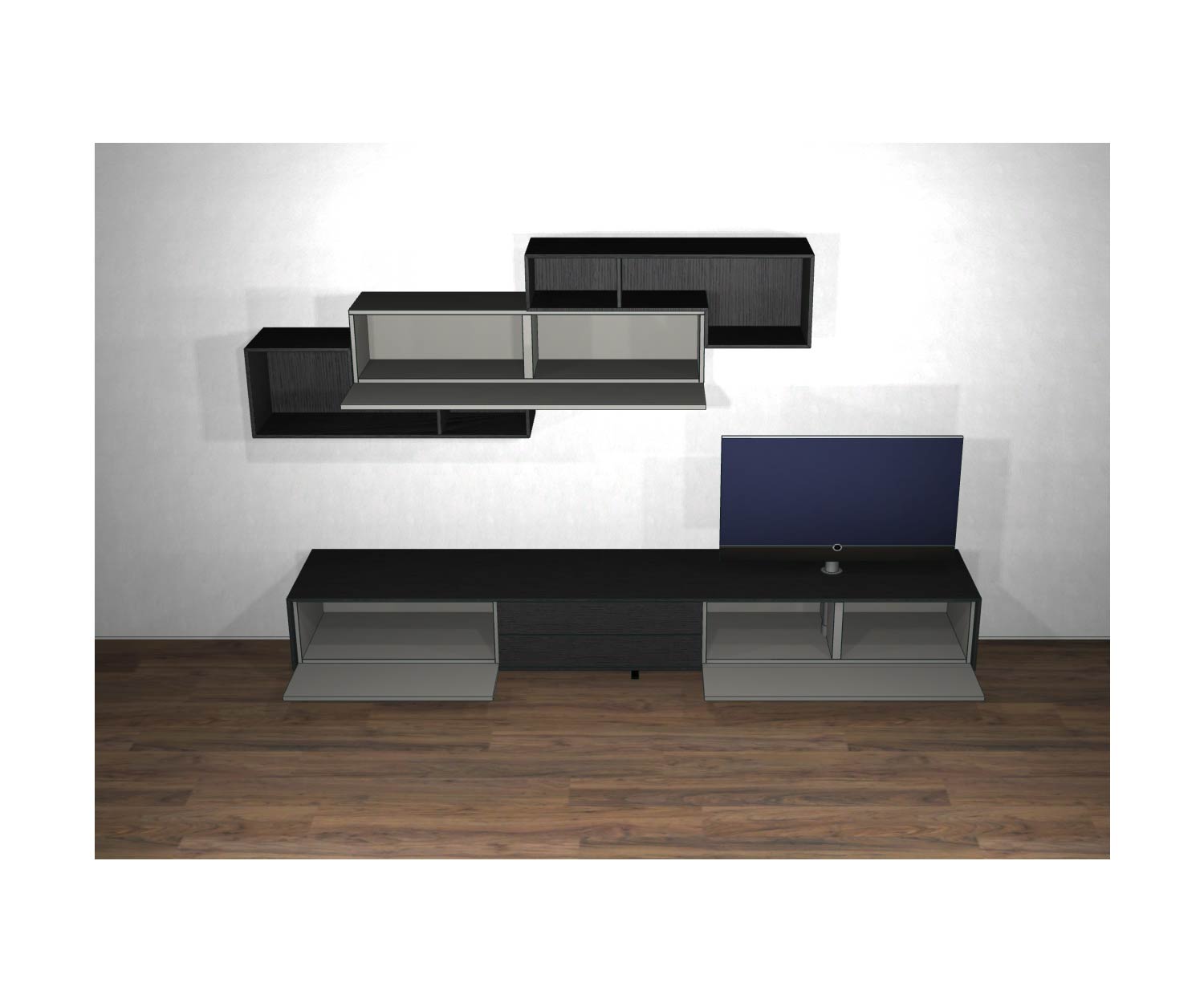 Livitalia Meuble-paroi design C18 avec portes ouvertes et éléments suspendus Livitalia Meuble-paroi design C18 avec portes ouvertes et éléments suspendus