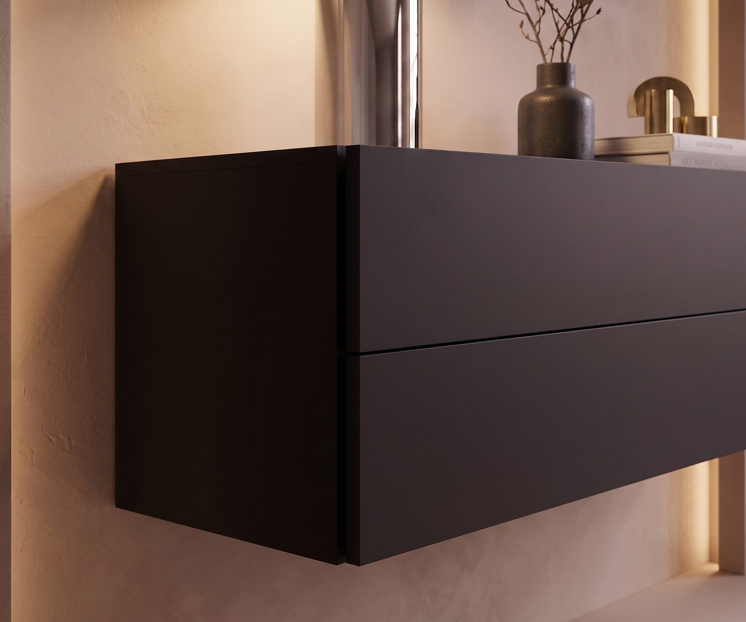 Commode suspendue Novamobili Easy en noir mat Commode suspendue de chambre Easy par Novamobili en noir mat, meuble de rangement mural moderne avec deux tiroirs.