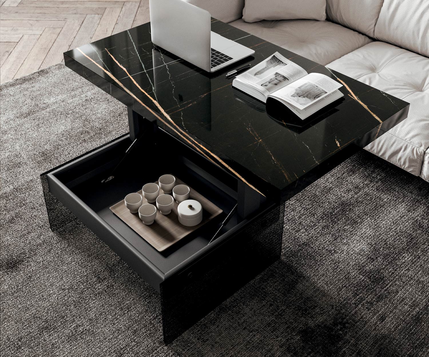 Table basse ouverte Bellagio de Ozzio avec plateau noir en verre marbré Table basse ouverte Bellagio de Ozzio avec plateau noir en verre marbré