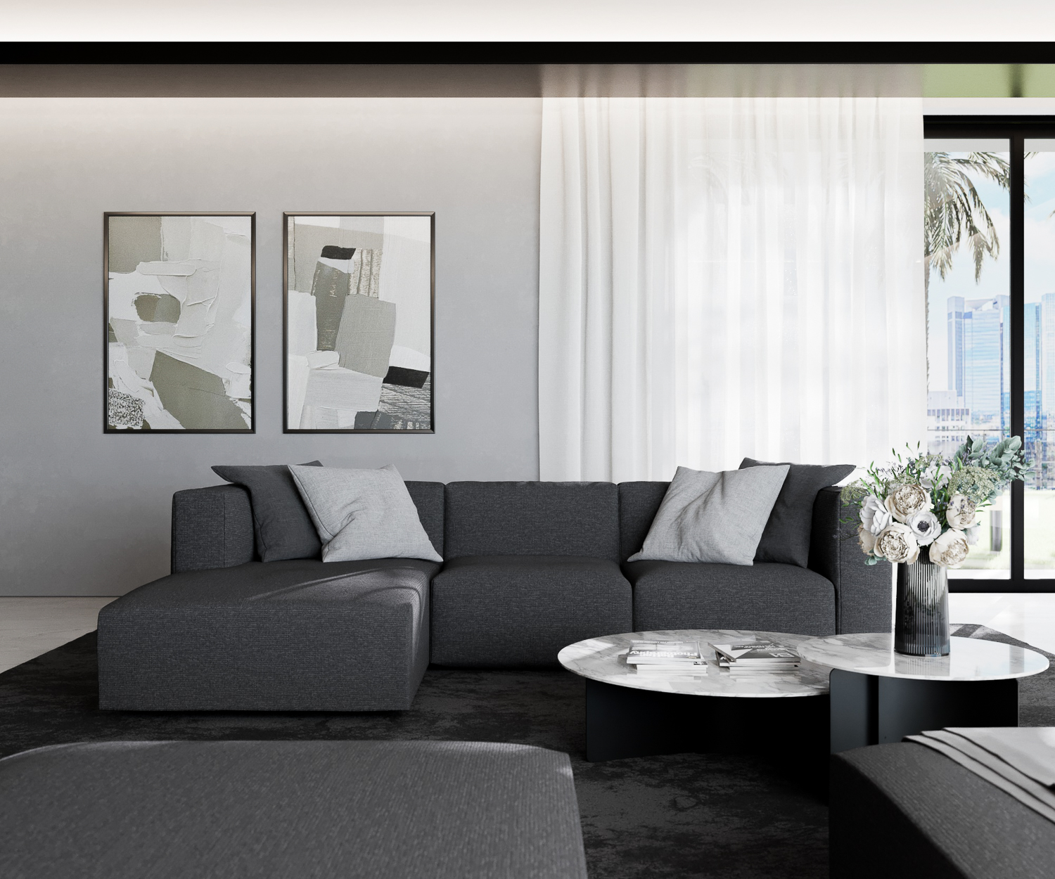 Prostoria Designer Canapé de salon Match L exclusif moderne haut de gamme revêtement tissu avec recamière canapé d'angle trois places vue de face Prostoria Designer Canapé de salon Match L exclusif moderne haut de gamme revêtement tissu avec recamière canapé d'angle trois places vue de face