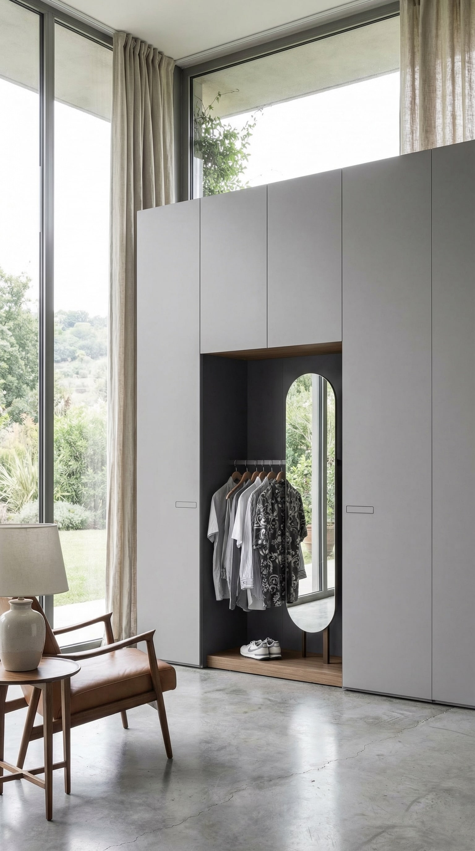 Une armoire moderne avec une niche de vestiaire ouverte int&eacute;gr&eacute;e au centre.