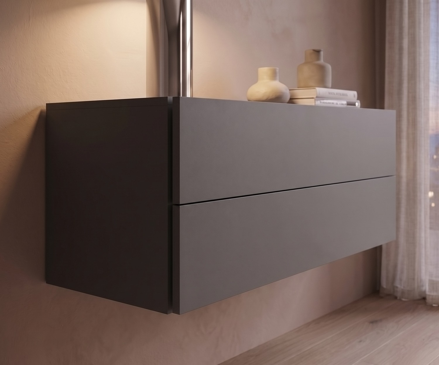 Commode suspendue Novamobili Easy gris quartz Commode suspendue Easy de Novamobili pour la chambre en gris quartz. Meuble flottant minimaliste à deux tiroirs.
