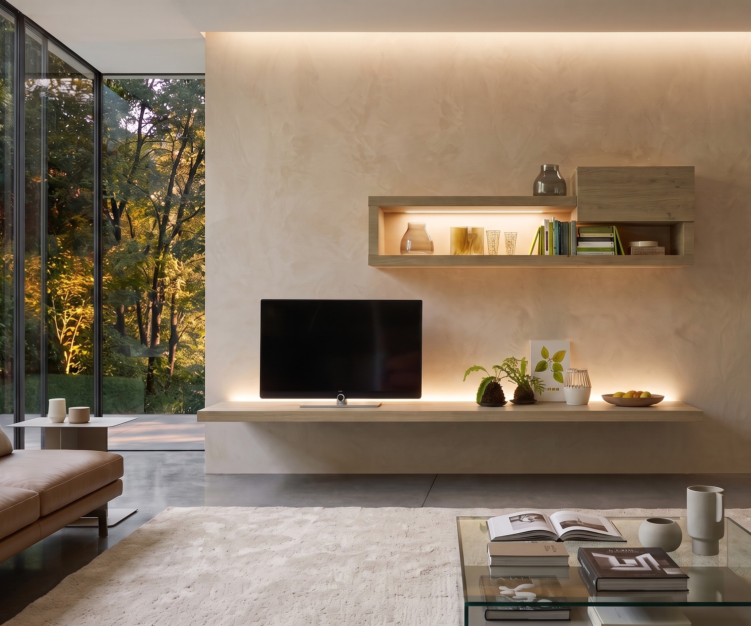 Étagère murale TV Livitalia comme meuble bas suspendu en bois clair dans un salon minimaliste avec éclairage LED.