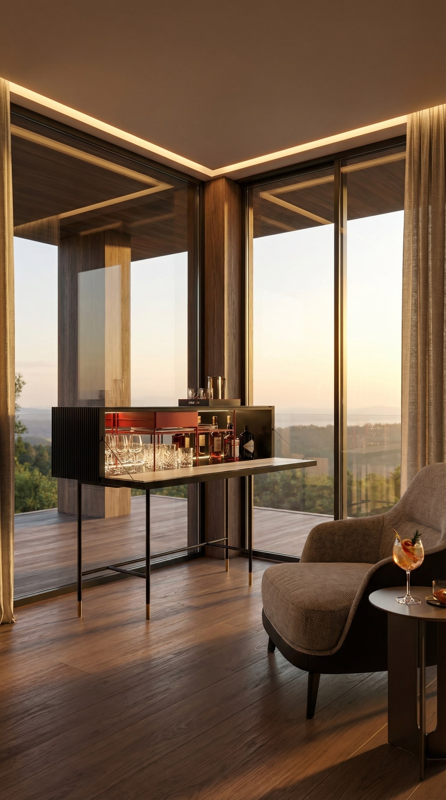 Capo d&acute;Opera Aero Bar Sideboard ouvert, avec des verres et des bouteilles scintillants dans la lumi&egrave;re du soir.