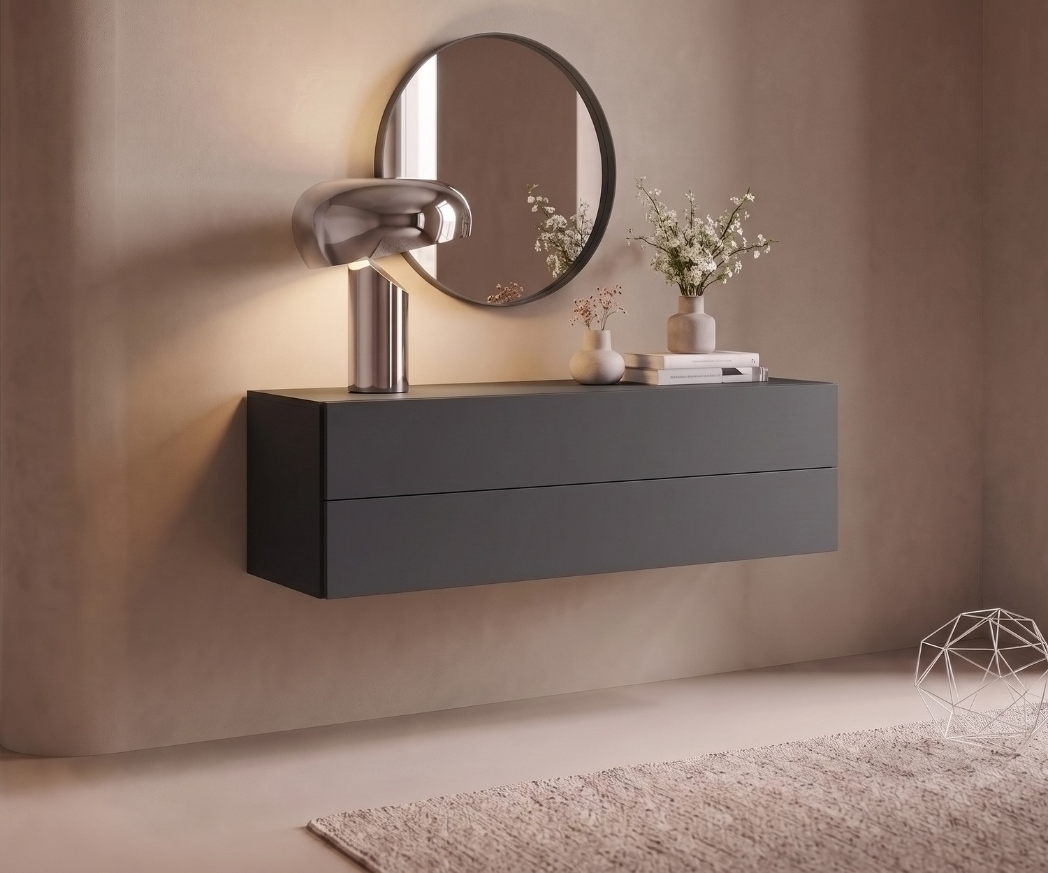 Commode suspendue Novamobili Easy Commode suspendue Easy de Novamobili dans une entrée, buffet mural gris foncé au style moderne et épuré.