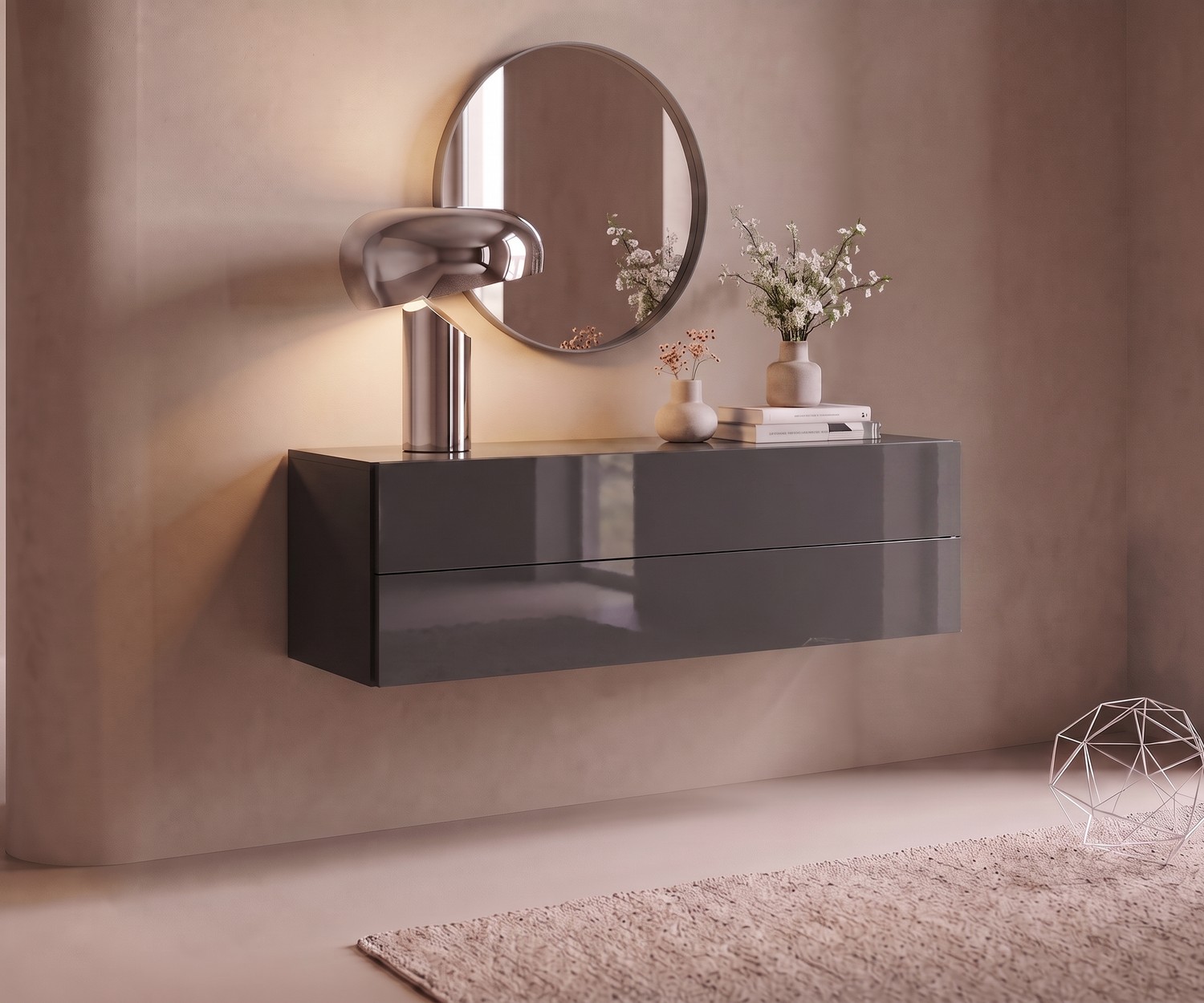 Commode suspendue Easy de Novamobili pour l'entrée, laqué gris brillant, style moderne et design minimaliste.