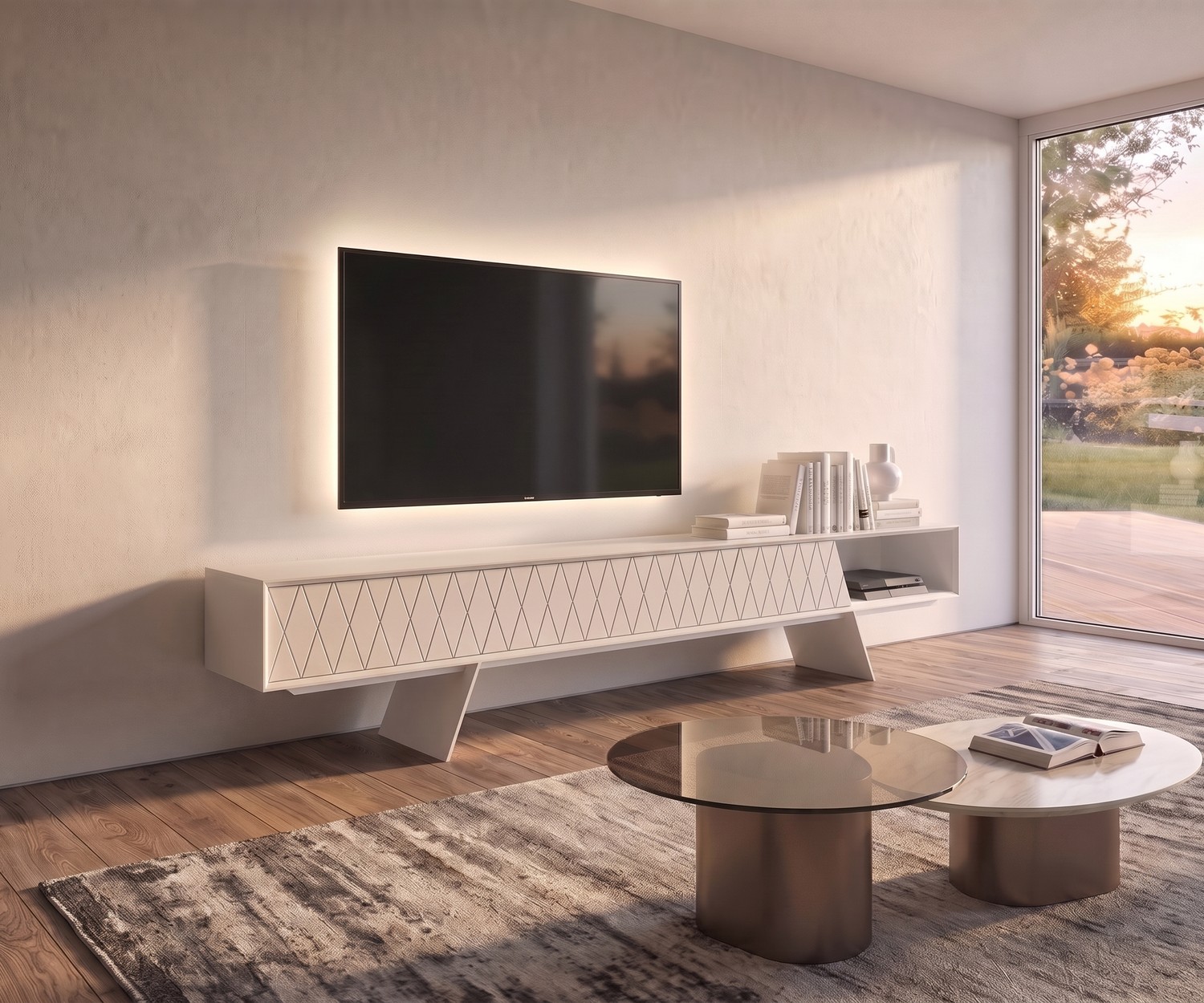Meuble TV design al2 e-klipse 008 blanc Meuble TV bas al2 e-klipse 008 pour le salon, buffet blanc au design de losanges avec piètement élégant.