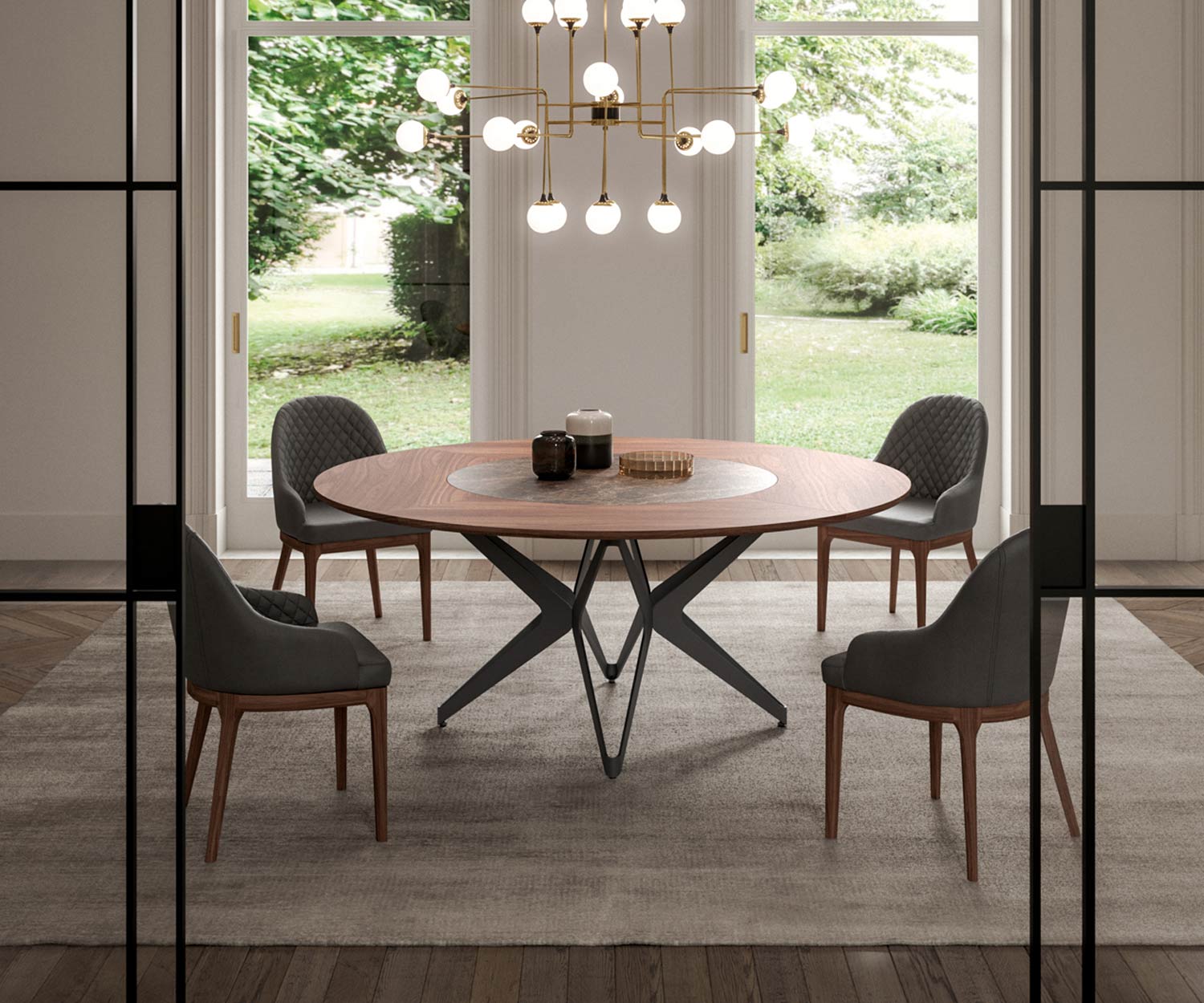 Exklsuiver Design Table à manger ronde avec plateau de table Emperador verre céramique
